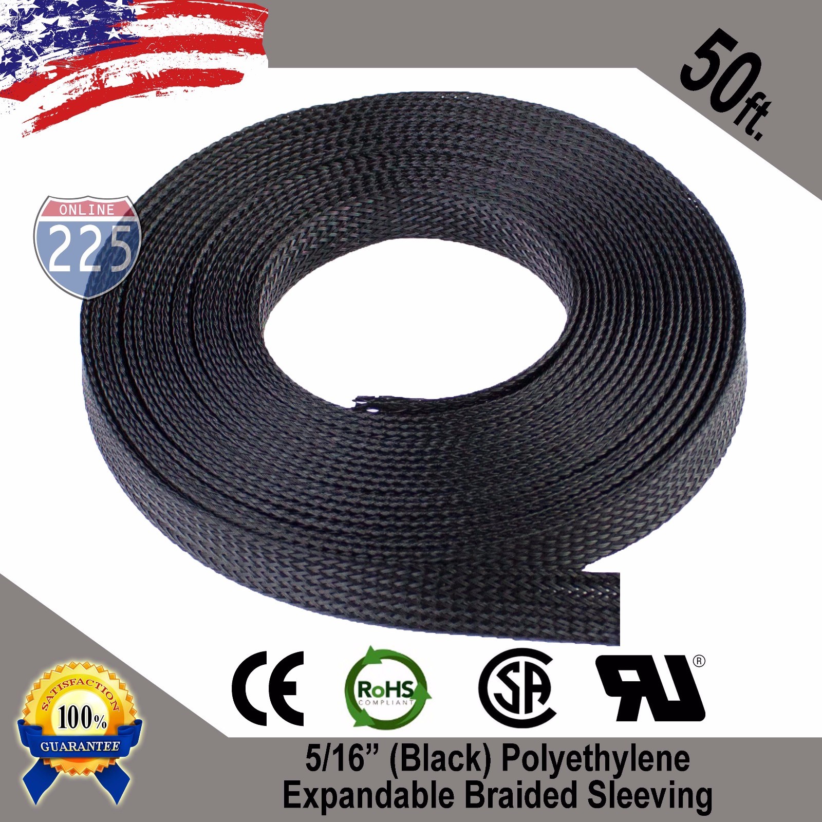 50 FT. 5/16" Black Expandable Wire Cable Sleeving Sheathing Braided Loom Tubing