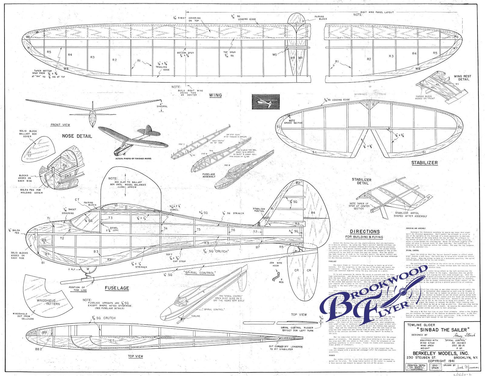 SINBAD THE SAILER Kit PLAN + PARTS PATTERNS to Build Struck's 50” Towline Glider
