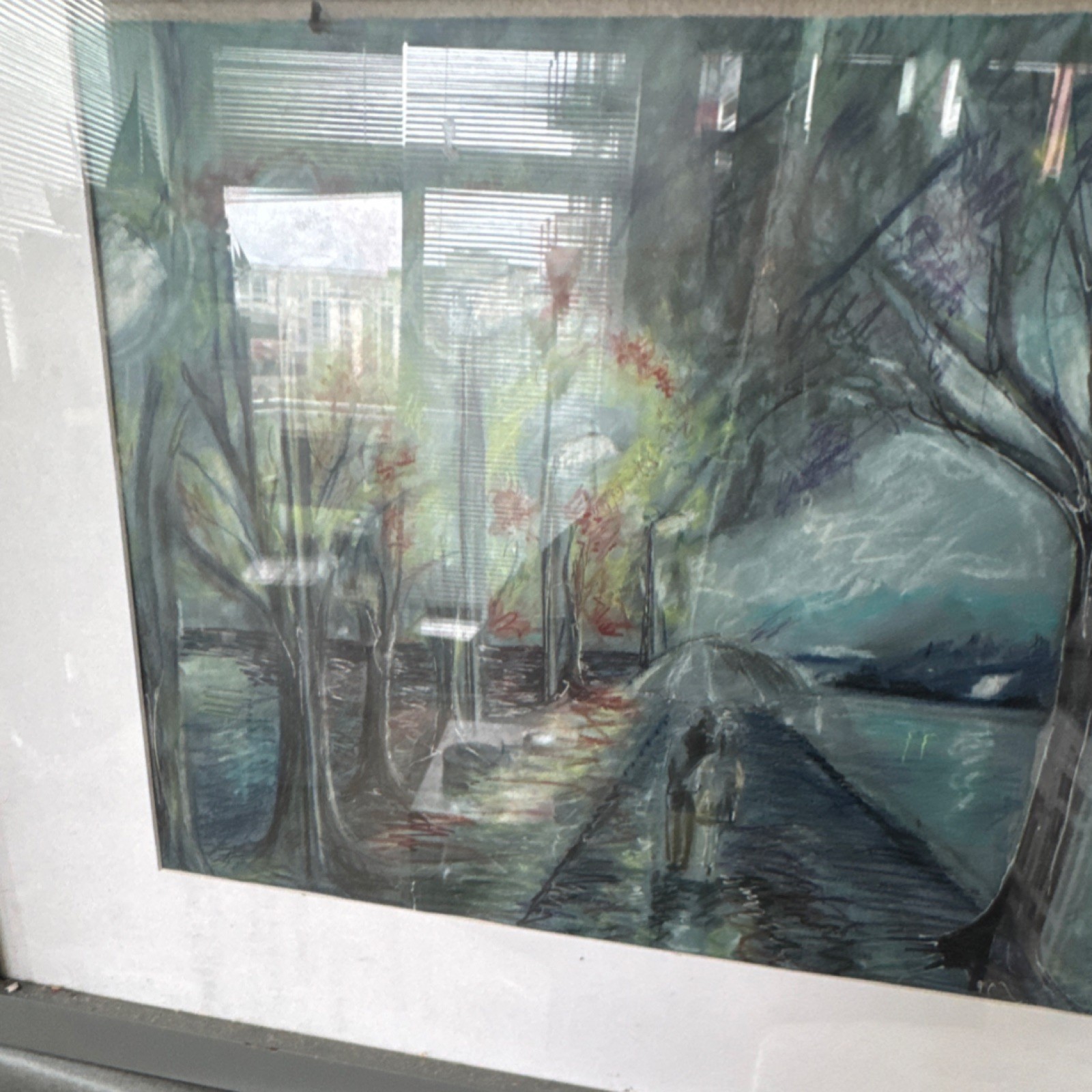 Framed Original Drawing Figures Trees Water Landscape Contemporary Art