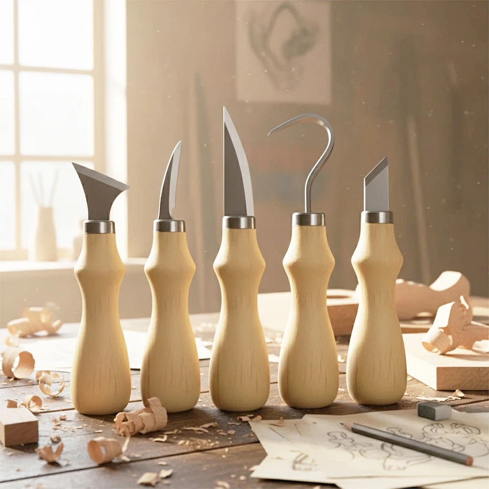 5pc Wood Carving Tools Set Oak Handle Curved Knife For Arts Crafts Tools Carving