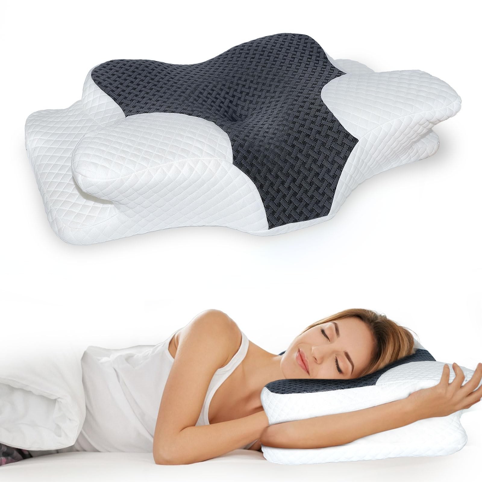 MargGona Cervical Neck Pillow for Pain Relief, Hollow Queen, White With Black