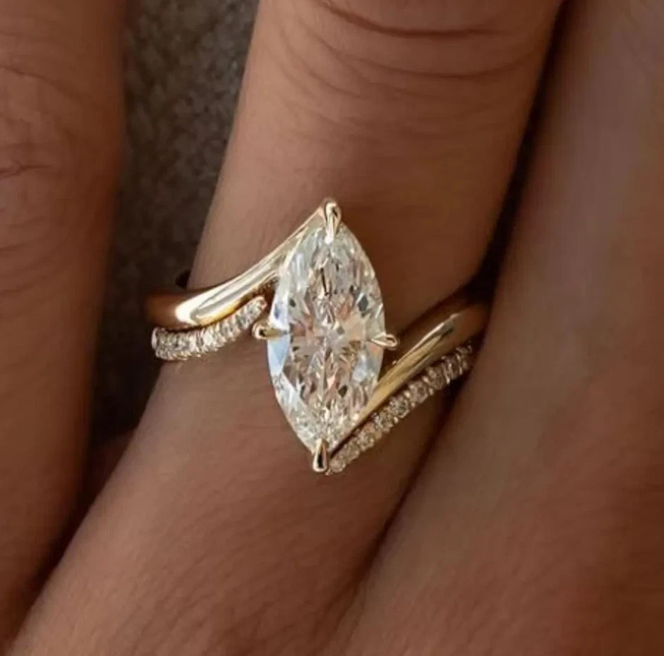 3CT Marquise Cut Real Moissanite Wedding Bridal Ring Set 14k Yellow Gold Plated