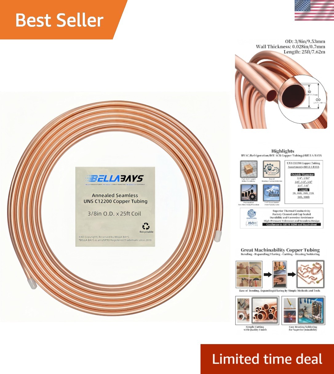 Copper Tubing 3/8" OD x 0.320" ID x 25 ft, 99.9% C12200 ASTM B280 Refrigerati...