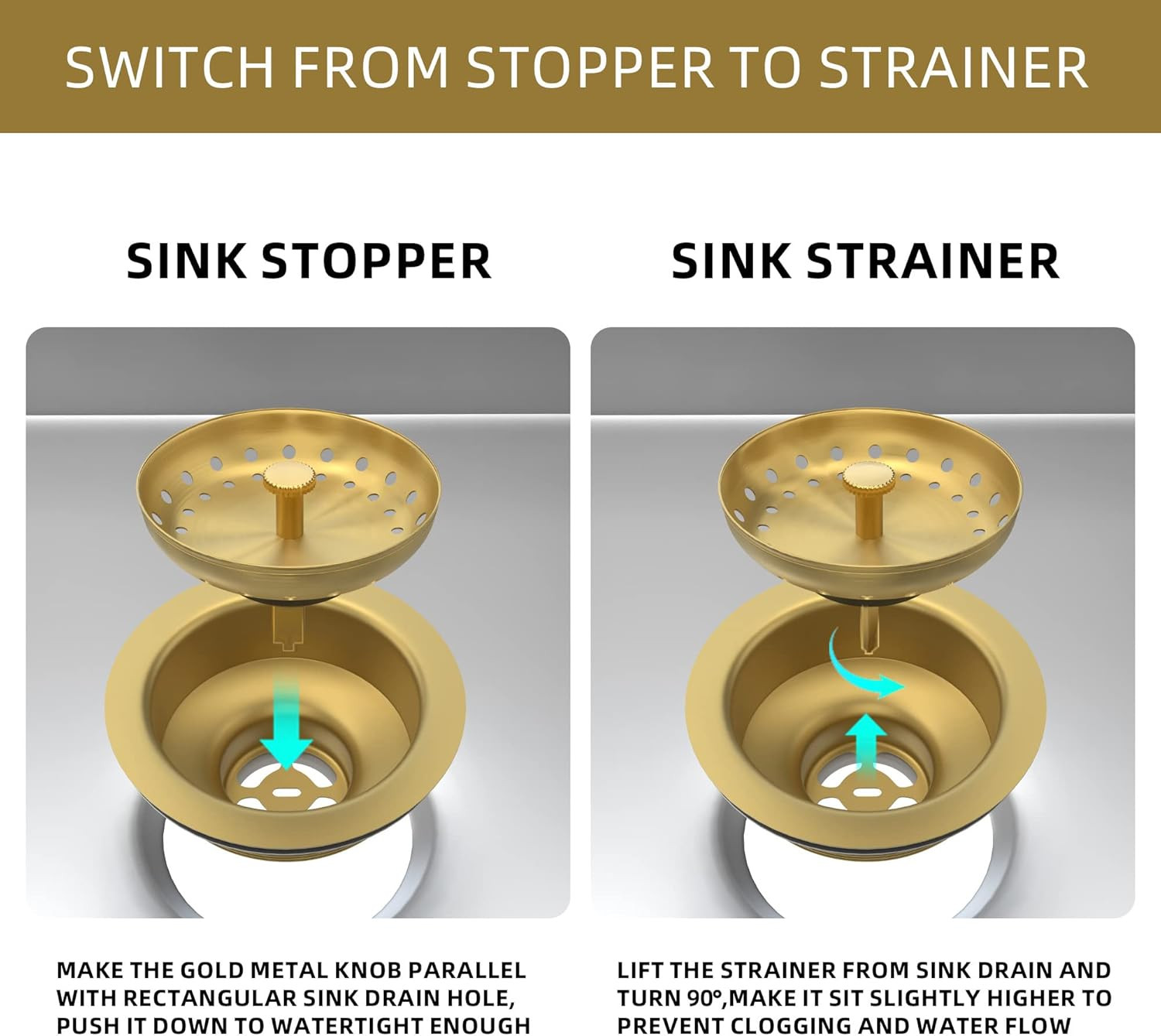Kitchen Sink Drain Gold Sink Drain Strainer with Fixed Post 3-1/2 Inch Kitchen D