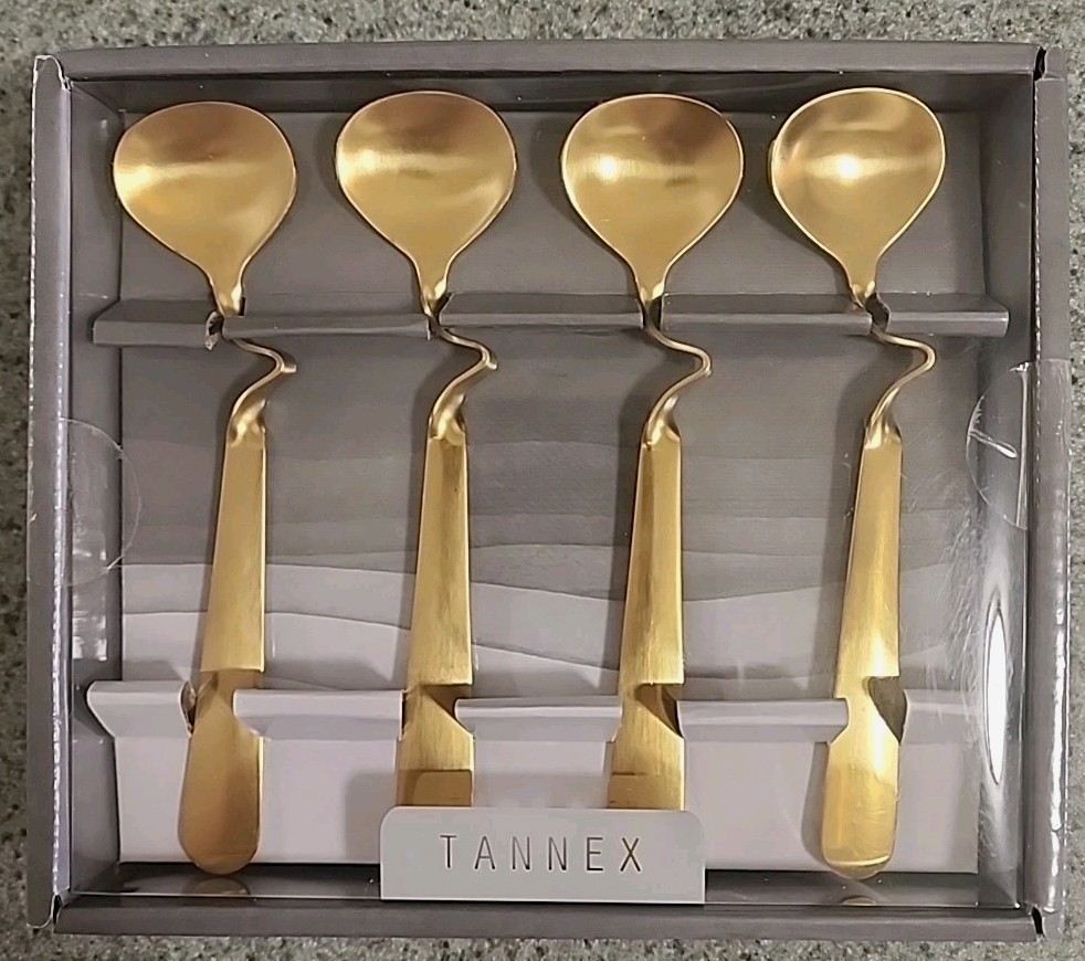 Tannex stainless steel gold-plated finish curved handle spoon. Set Of 4. NEW