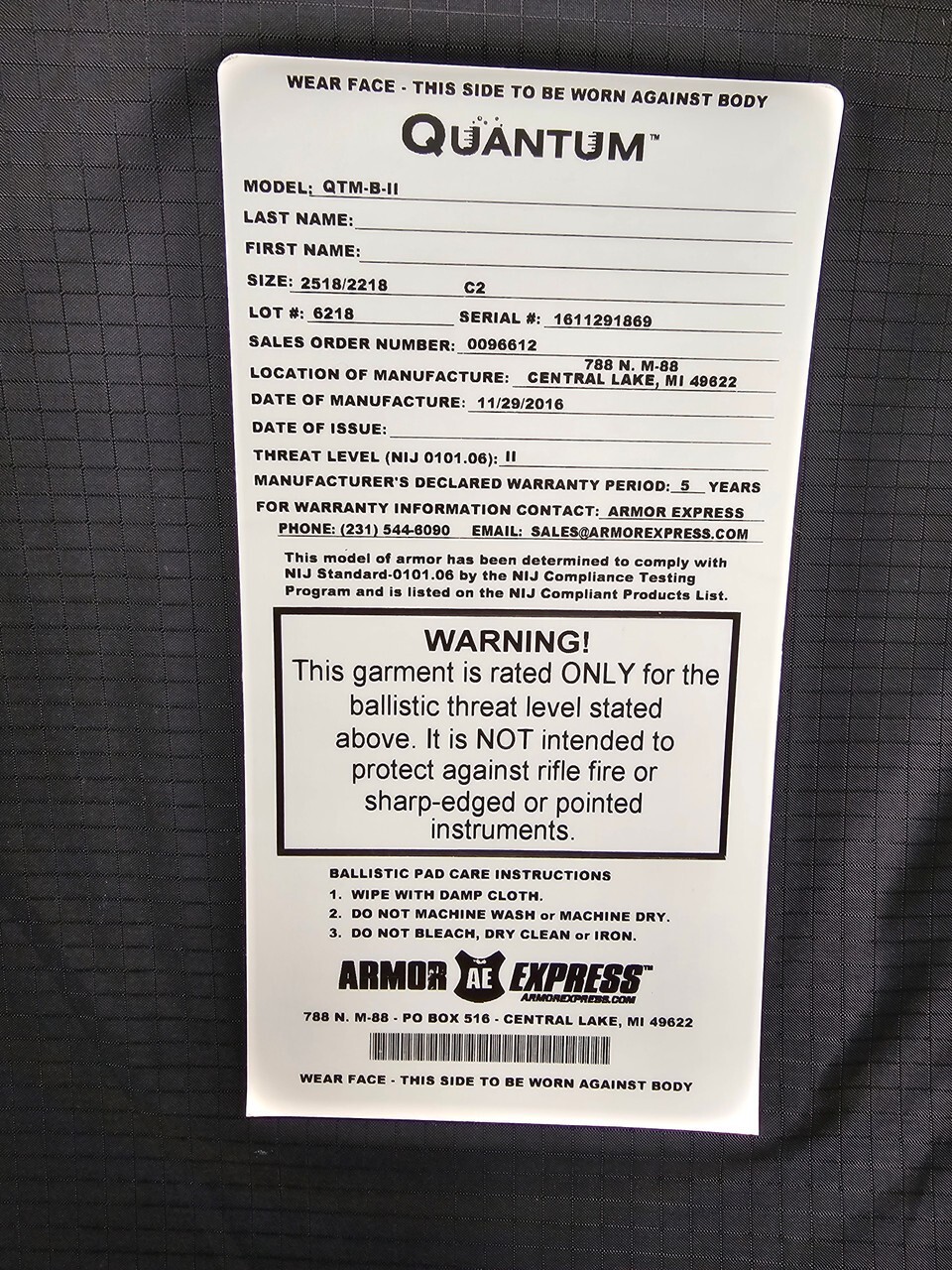 Armor Express Quantum Soft Armor Level II