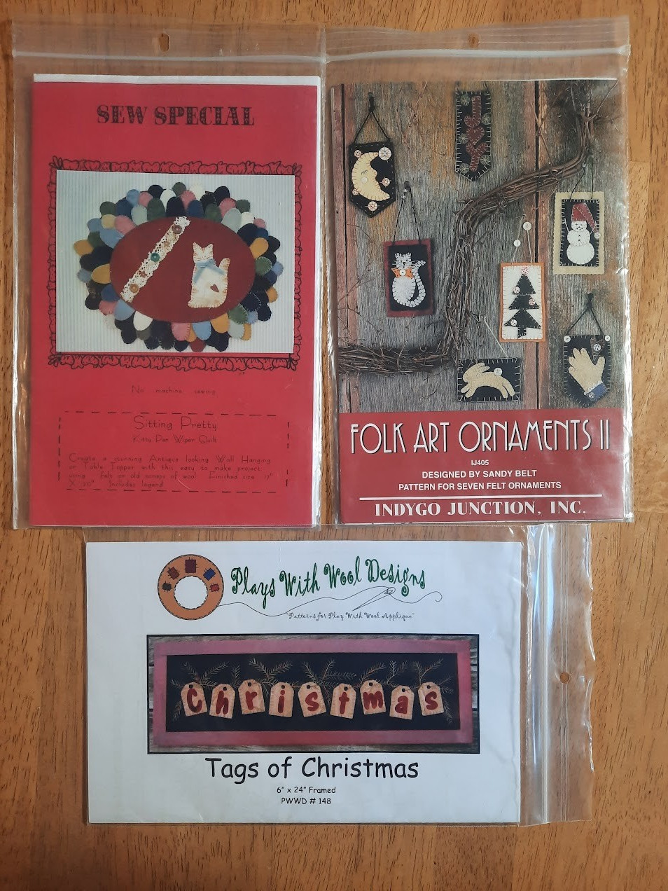 Lot of 3 Felted Wool Patterns Folk Art Ornaments Tags of Christmas Cat Topper
