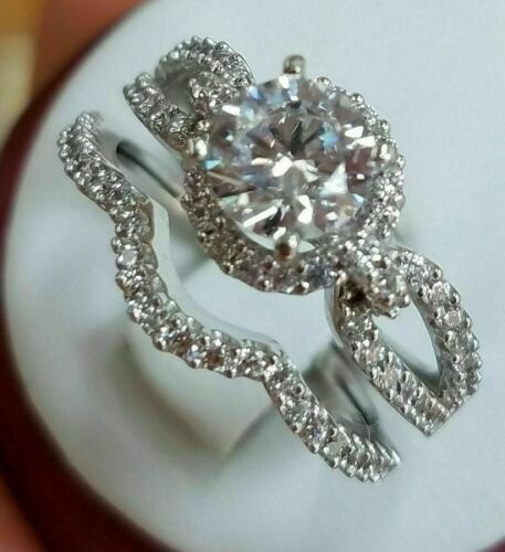 Lab-Created 2.10 Ct Round Cut Diamond Engagement Ring Set 925 Sterling Silver