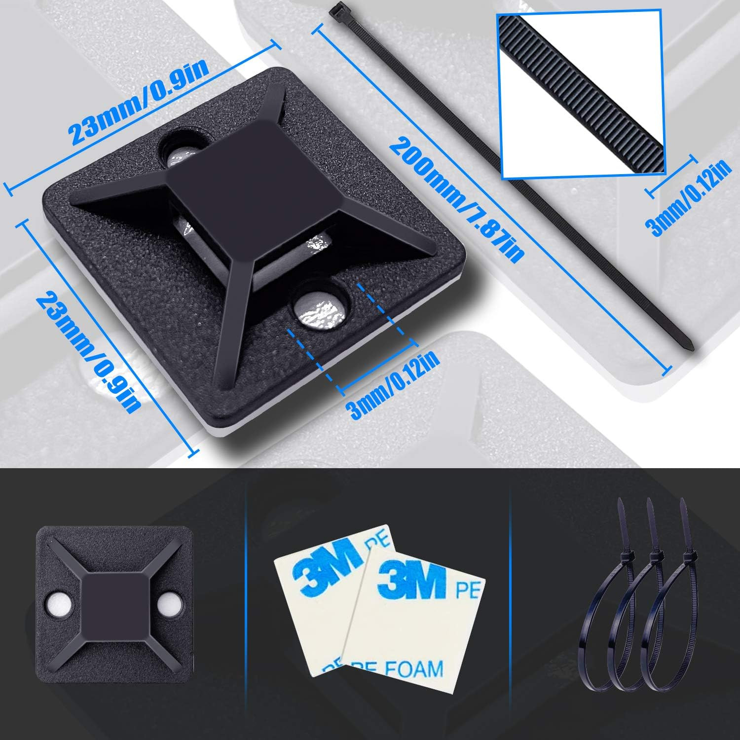 4/5" 100 Pack Zip Tie Mount with Cable Ties,Self Adhesive-Backed Mounts for Wire