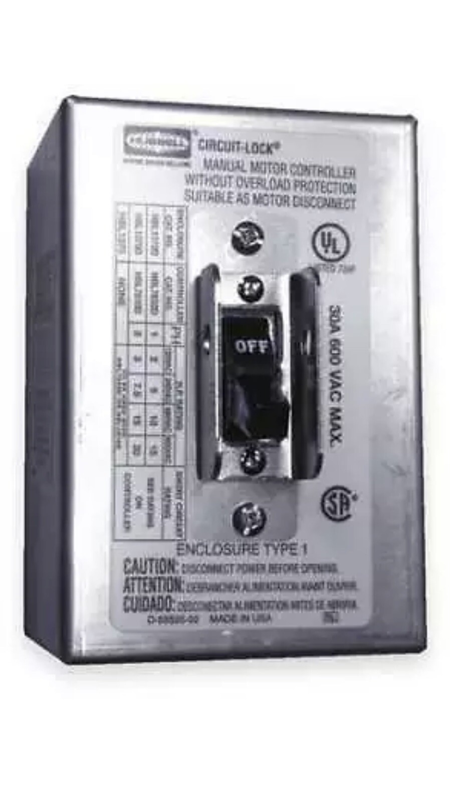 Hubbell Wiring Device-Kellems Hbl1372d Manual Motor Switch,30A,600Vac,2P