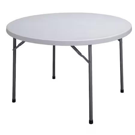 Round Folding Table, 60" Dia. W, 29" H, Blow Molded Polyethylene Top, Gray,