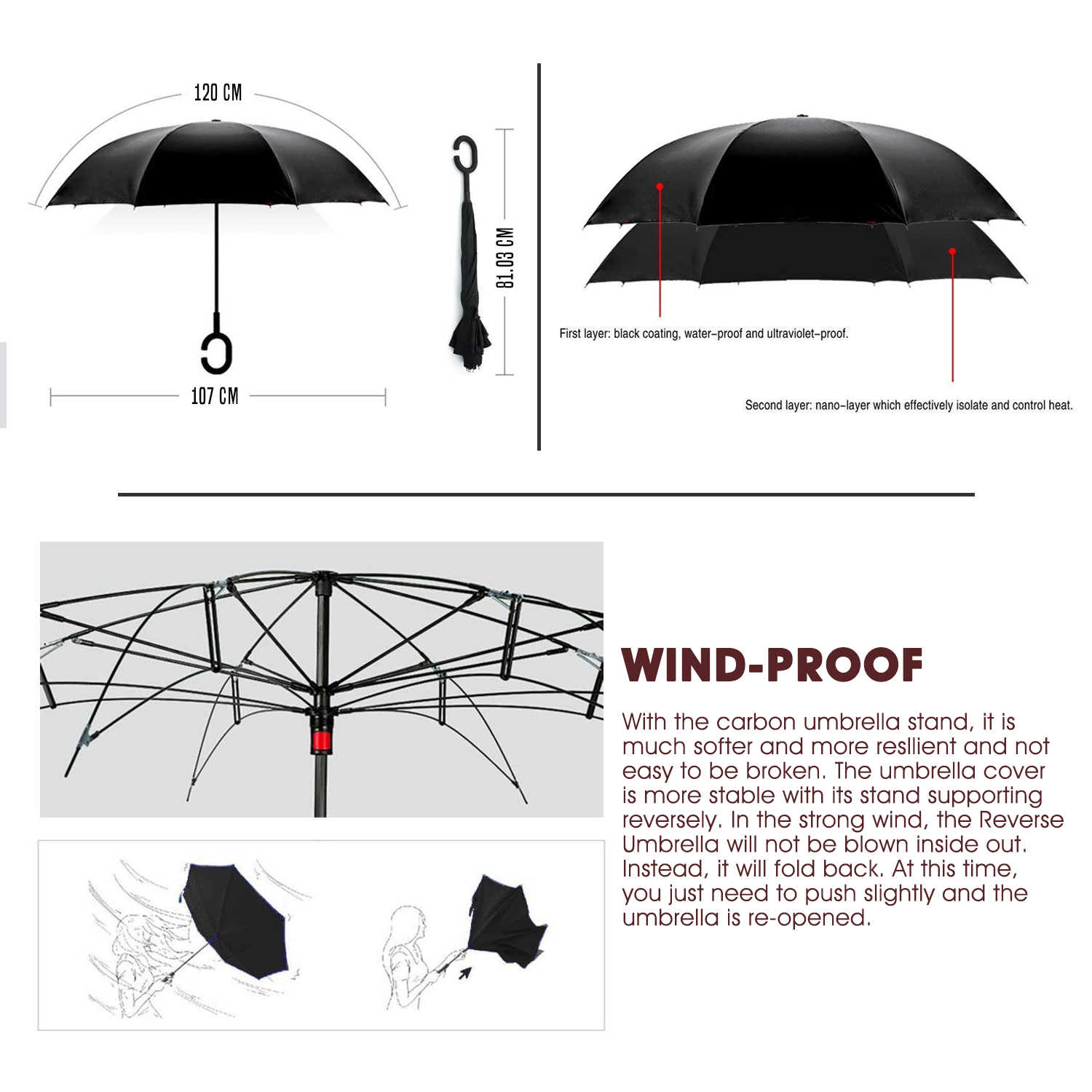 Umbrella -Upside Down-Windproof Inverted Reverse C-Handle Folding with Carry Bag