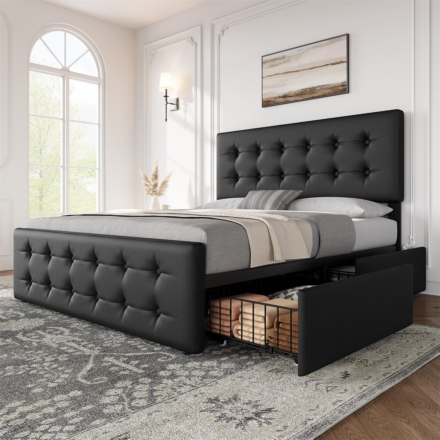 ⭐Full Size Bed Frame with 4 Storage Drawers and Headboard Upholstered Platform U