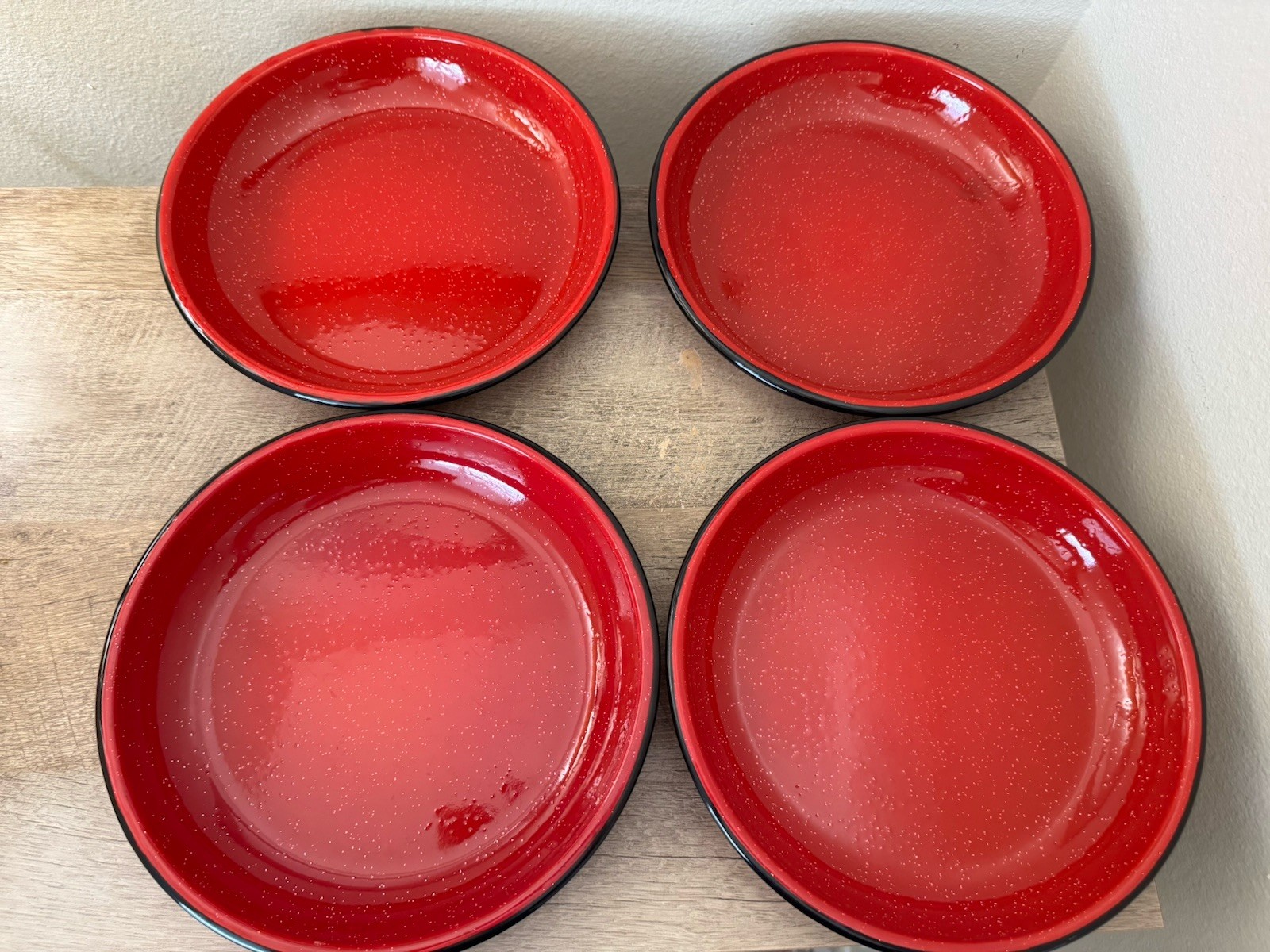 Red Enamelware Metal Shallow Bowls 9.5” Camping Outdoor Living Set Of 4