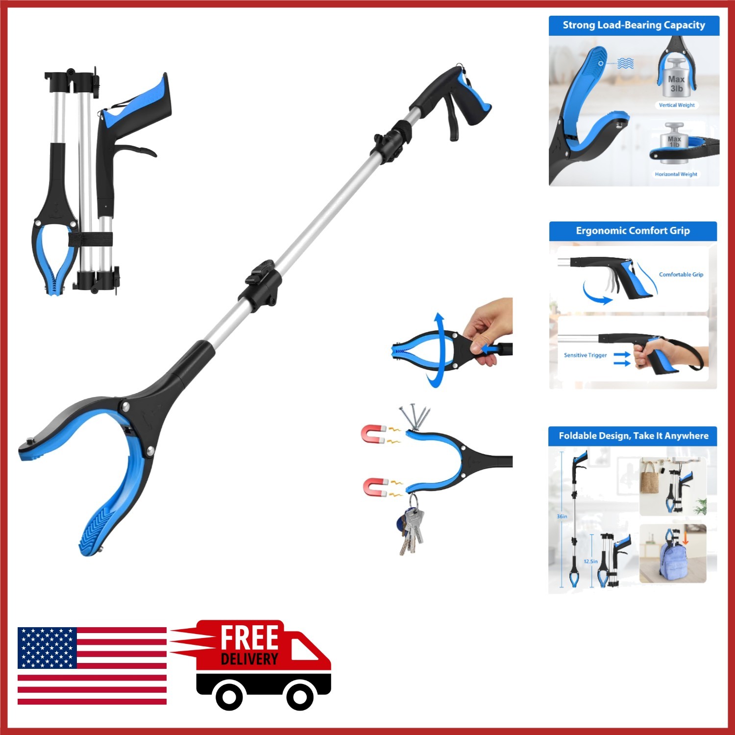 Heavy Duty 36 Inch Grabber Tool for Seniors with Rotating Head and Magnet