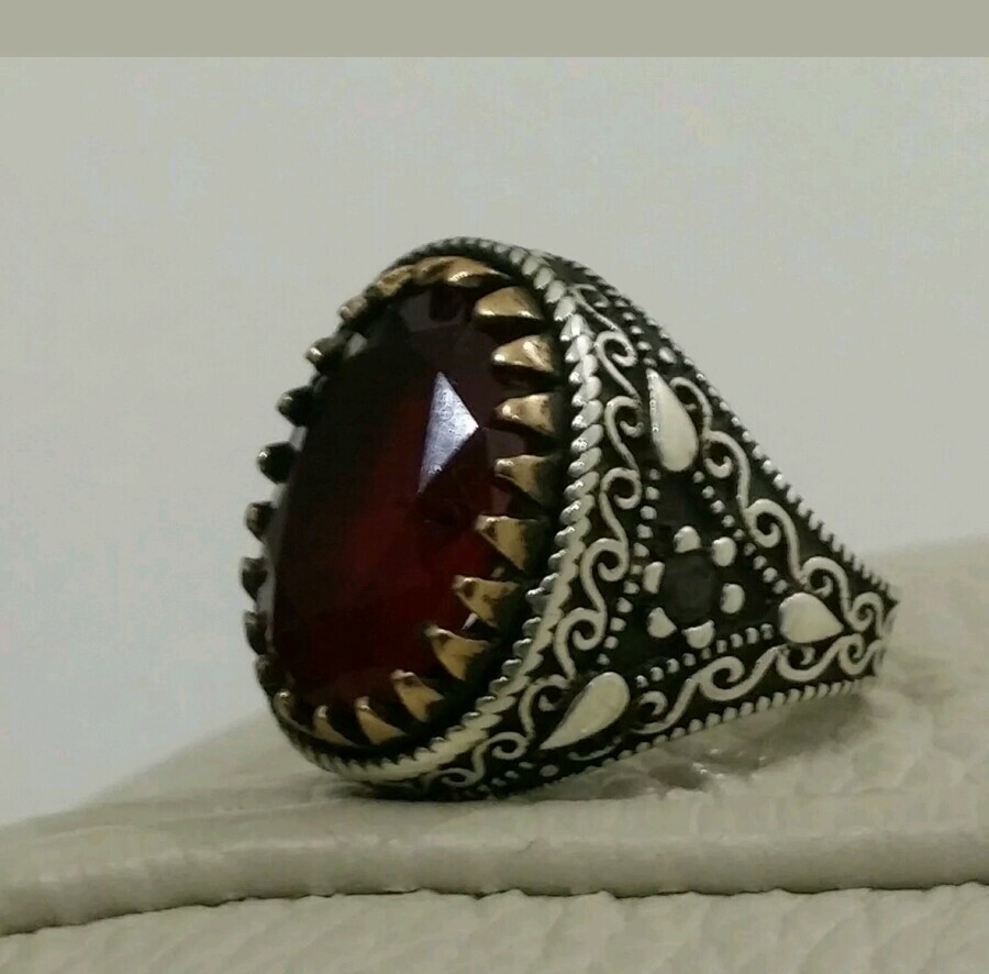 925 SILVER RING MEN SOLITAIRE SEAL Ruby Spinel New