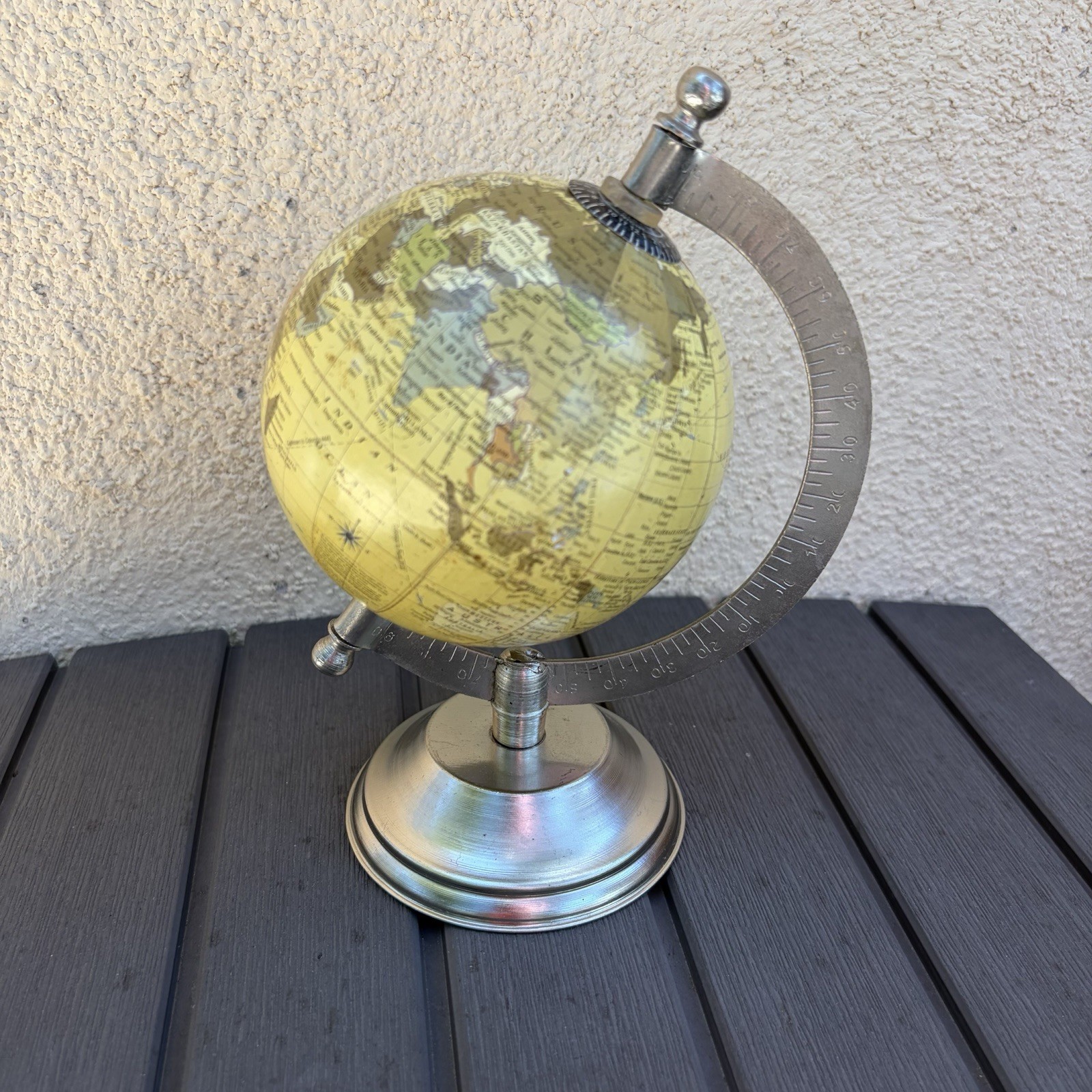 vintage-style decorative mini tabletop world globe, rotating, 7 inch tall