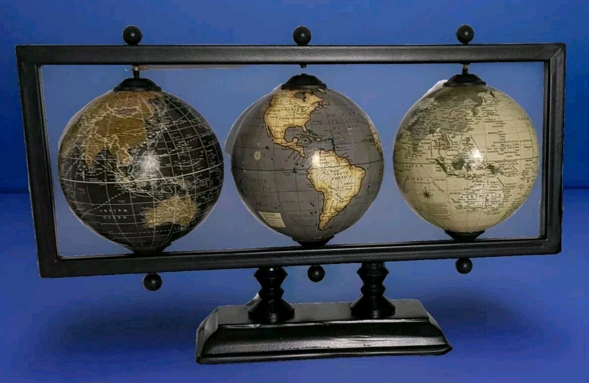 Three Decorative World Globes Set Into One Base Rotating World Globes Trio Decor