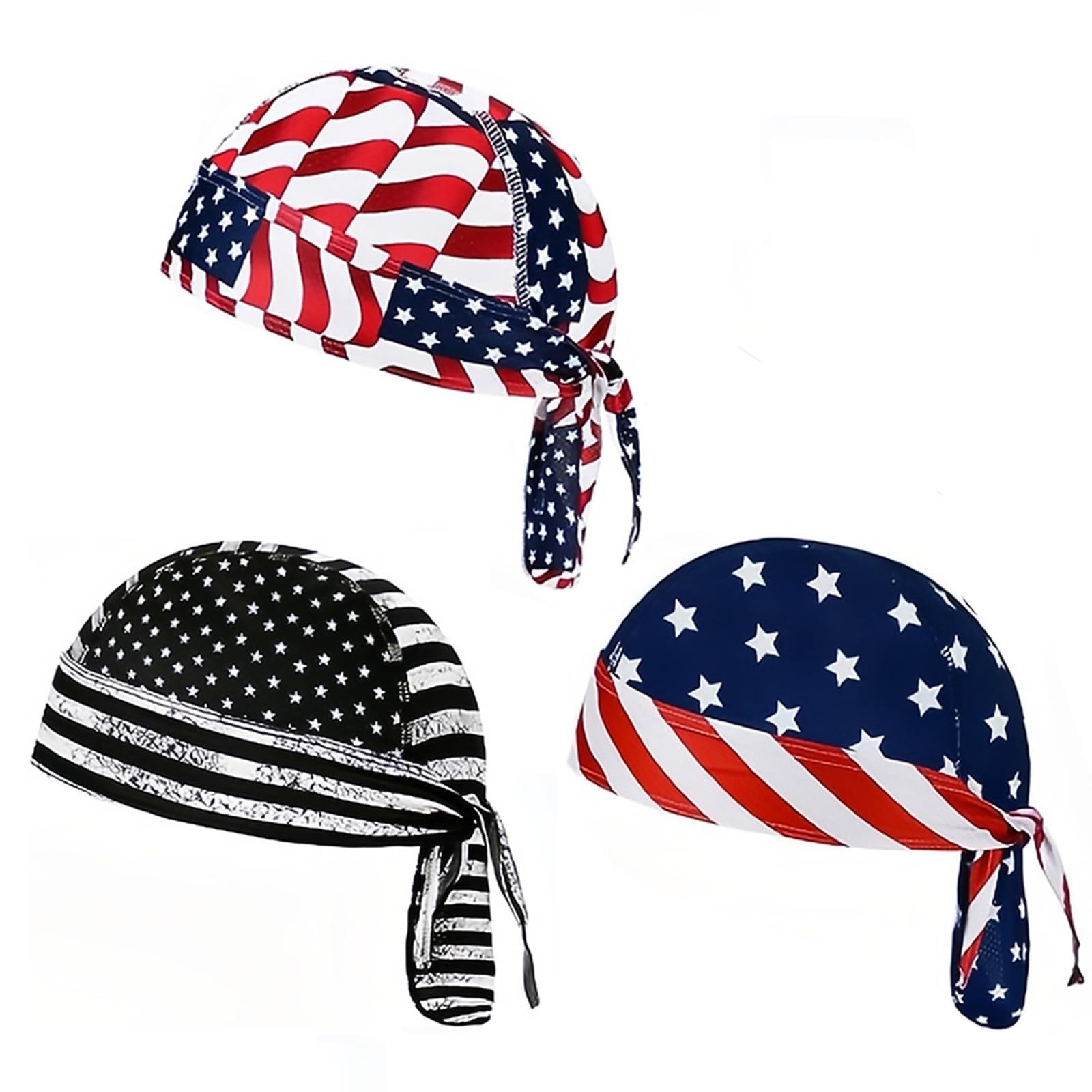 DANLCUPL 3 Pcs DOO Rags Dew Rag Skull Small-Large, American Flag Red Black