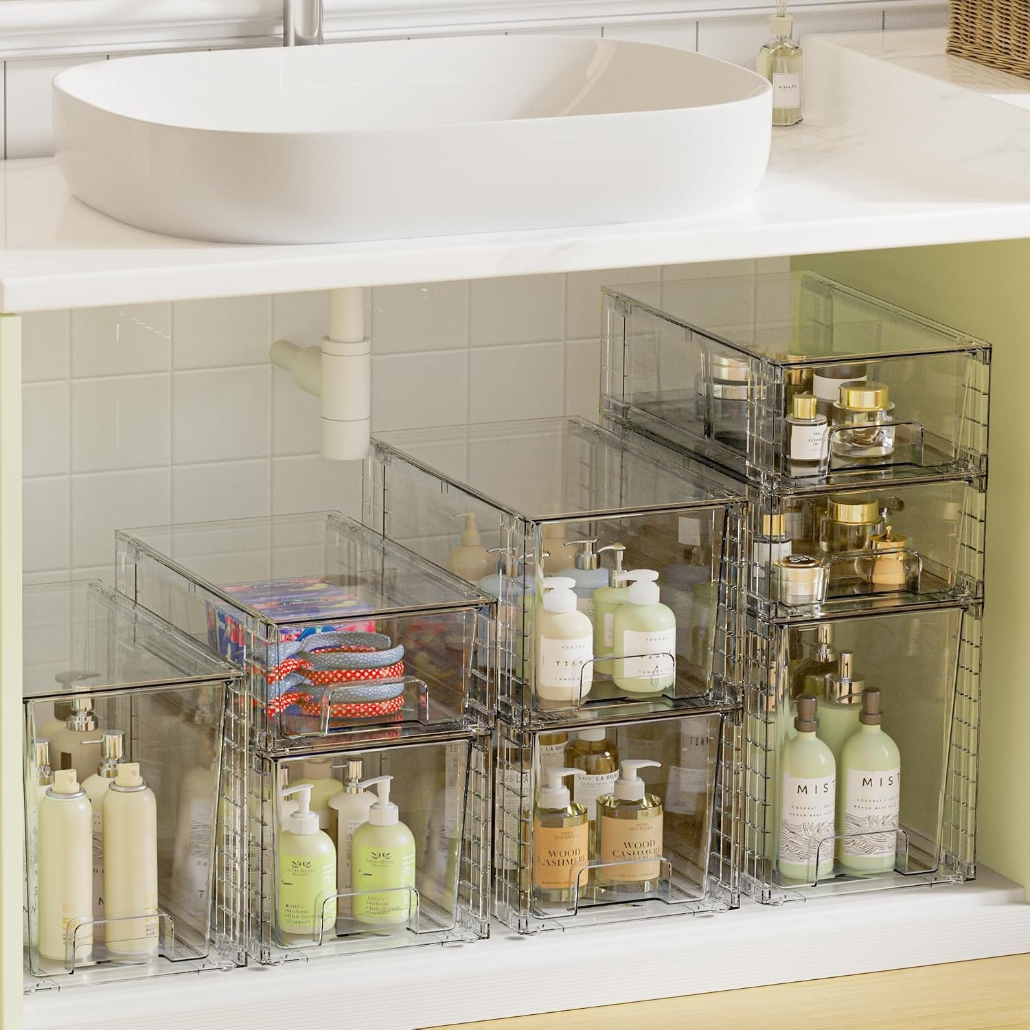 3 Pack Clear Stackable Storage Drawers,Easy to Assemble Bathroom Organizers a...