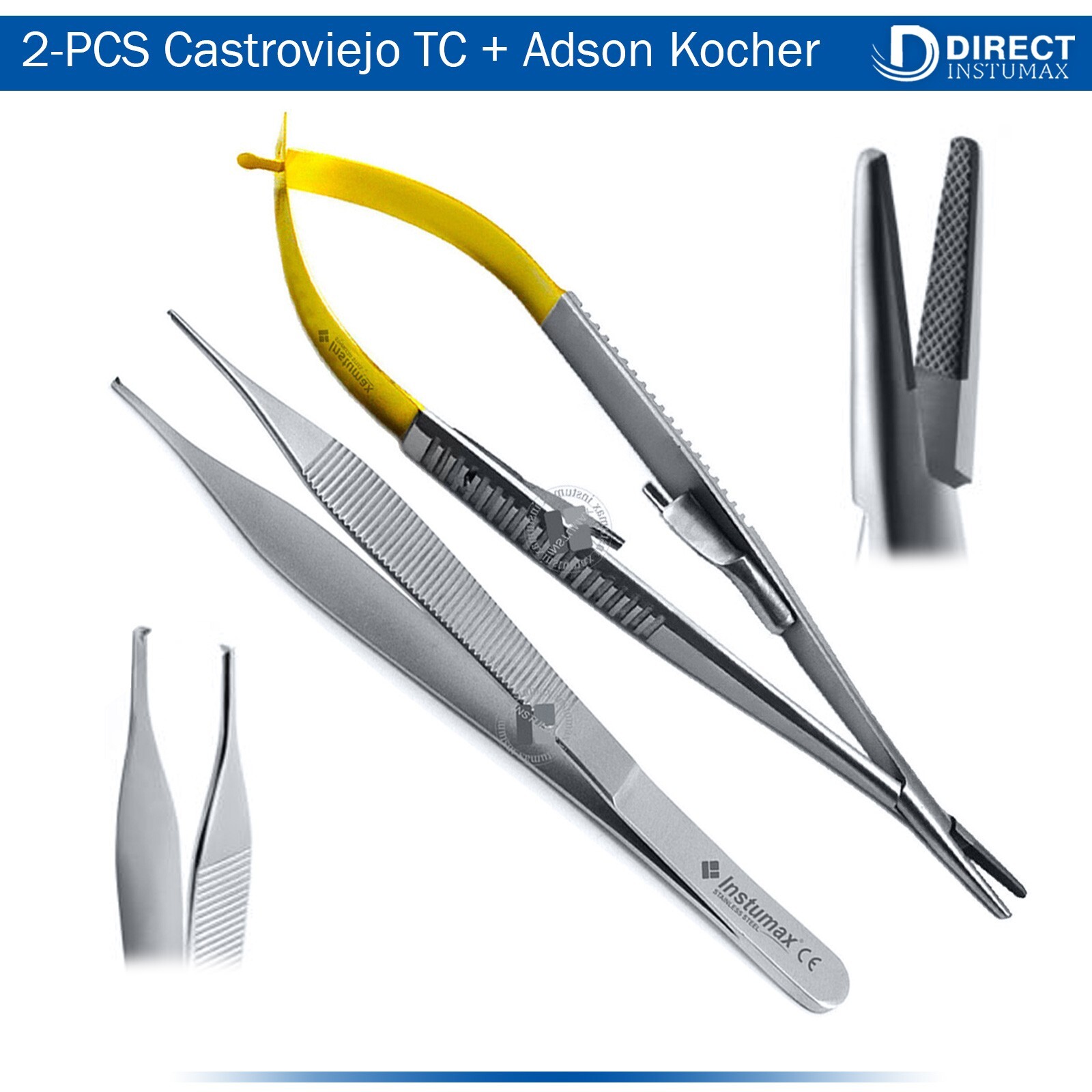 Surgical Suture Locking Forceps Castroviejo Needle Holder Adson Kocher Set Of 2