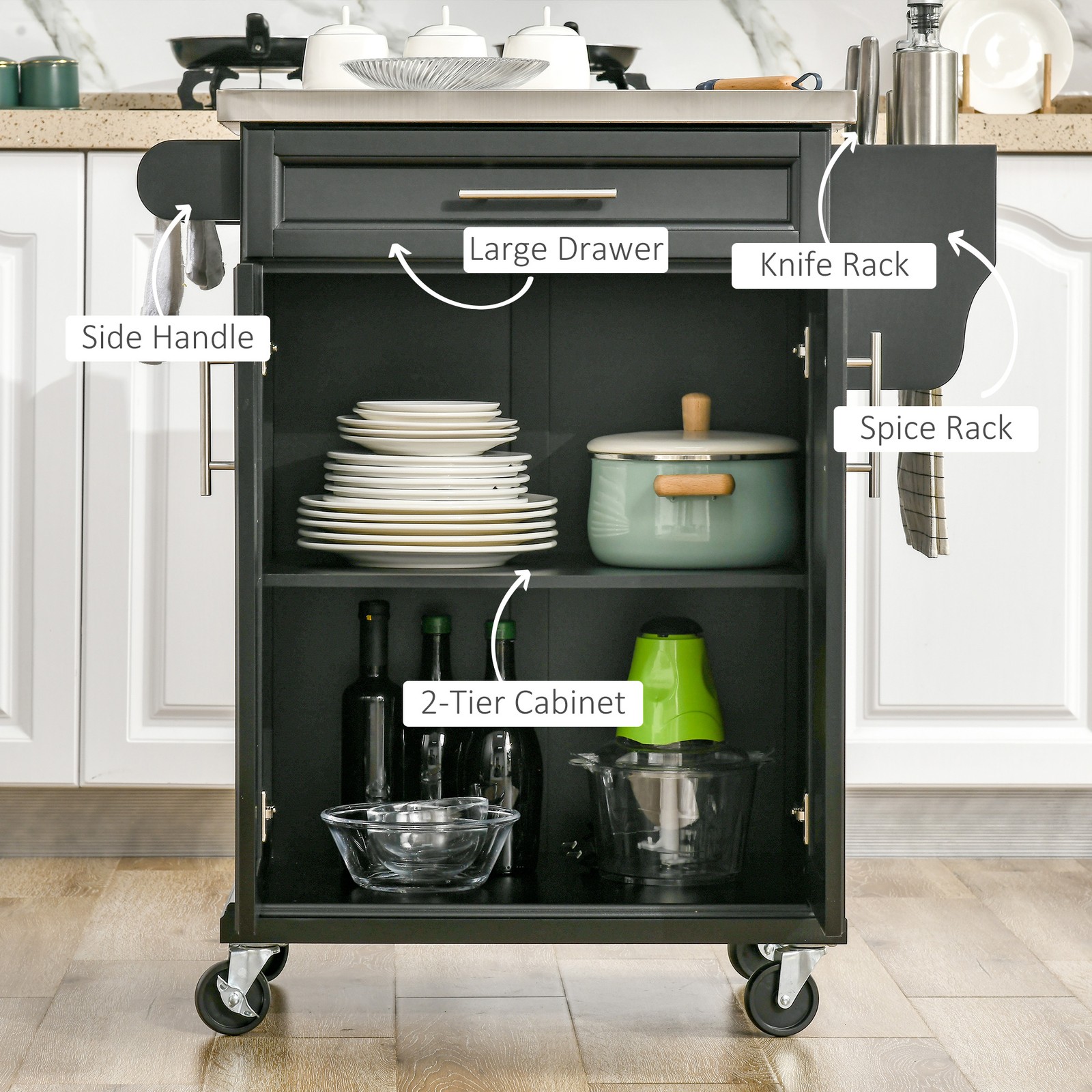 Rolling Kitchen Island on Wheels with Drawer, Spice Rack, Black