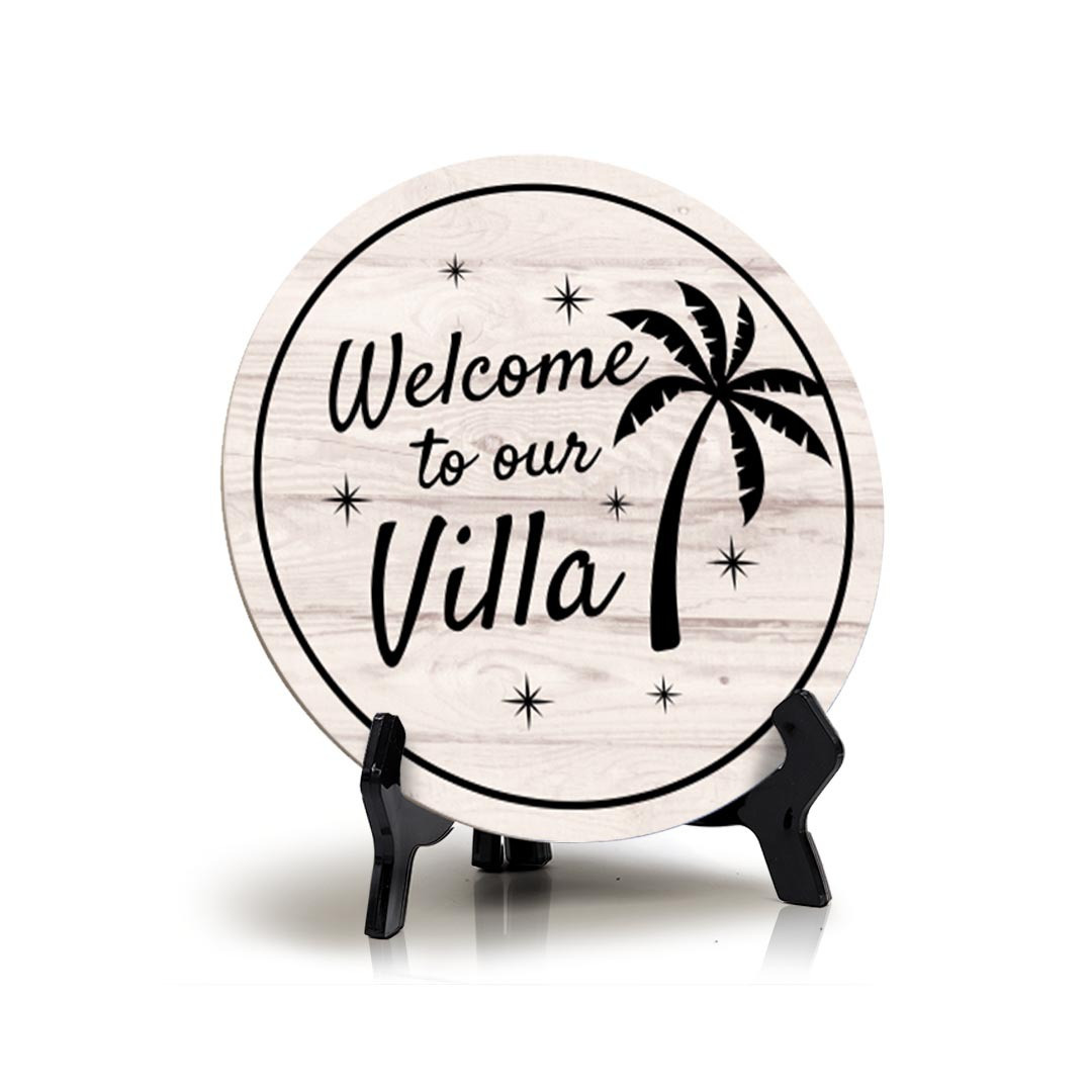 Welcome to Our Villa Wood Color, Entrance Decor Circle Table Sign (5"x5")