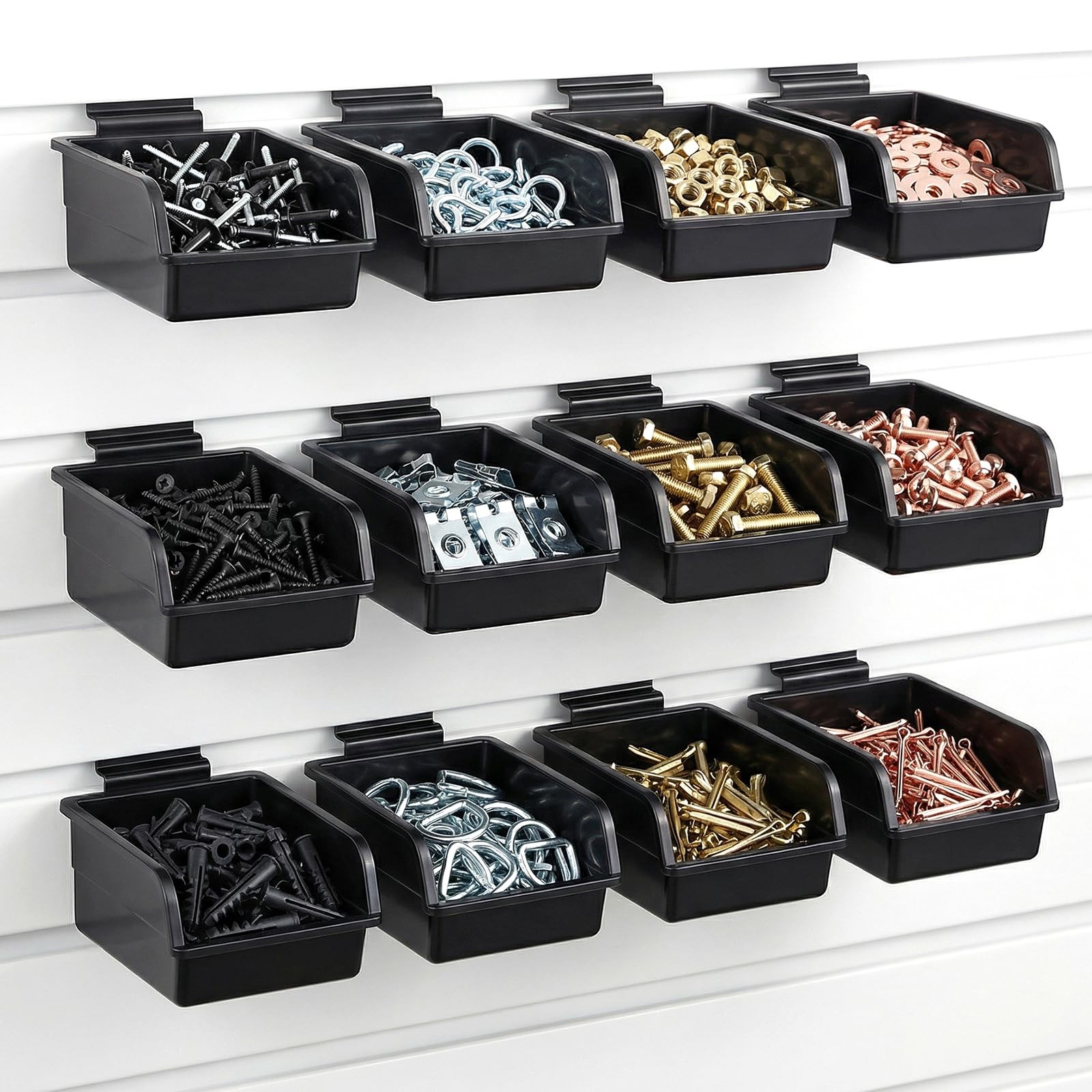 12 Pcs Slatwall Bins with Hooks Plastic Organizer Containers Workbench Parts