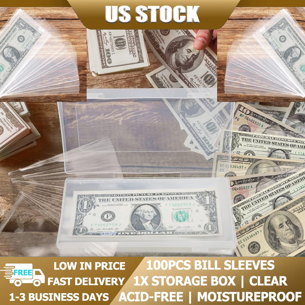 100 pack Clear Currency Sleeves W/Storage Case Dollar Bill Holders Protectors US