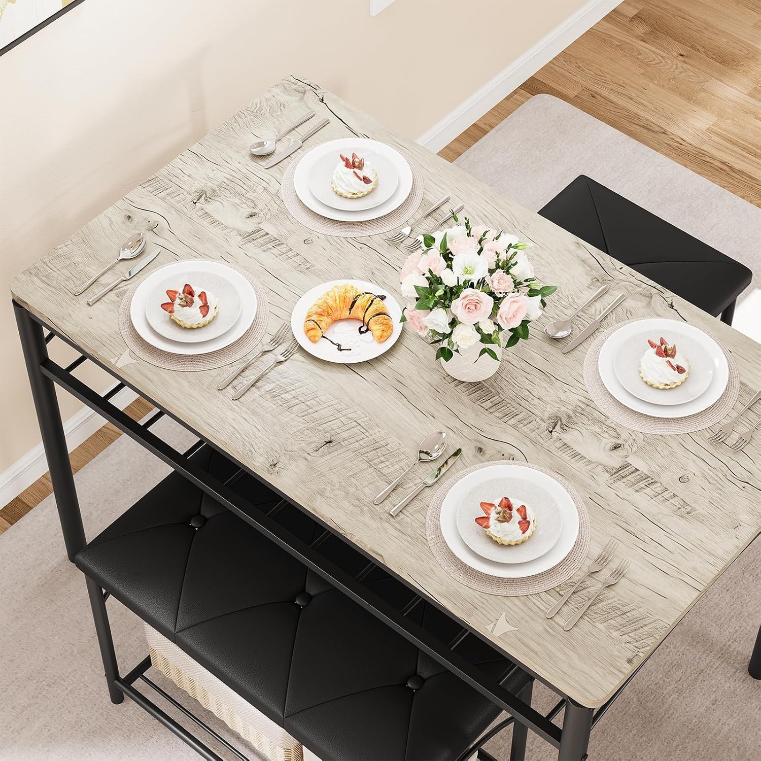 Dining Table Set 4 W/ Upholstered Benches & 2 Stools Modern Space Saving Kitchen