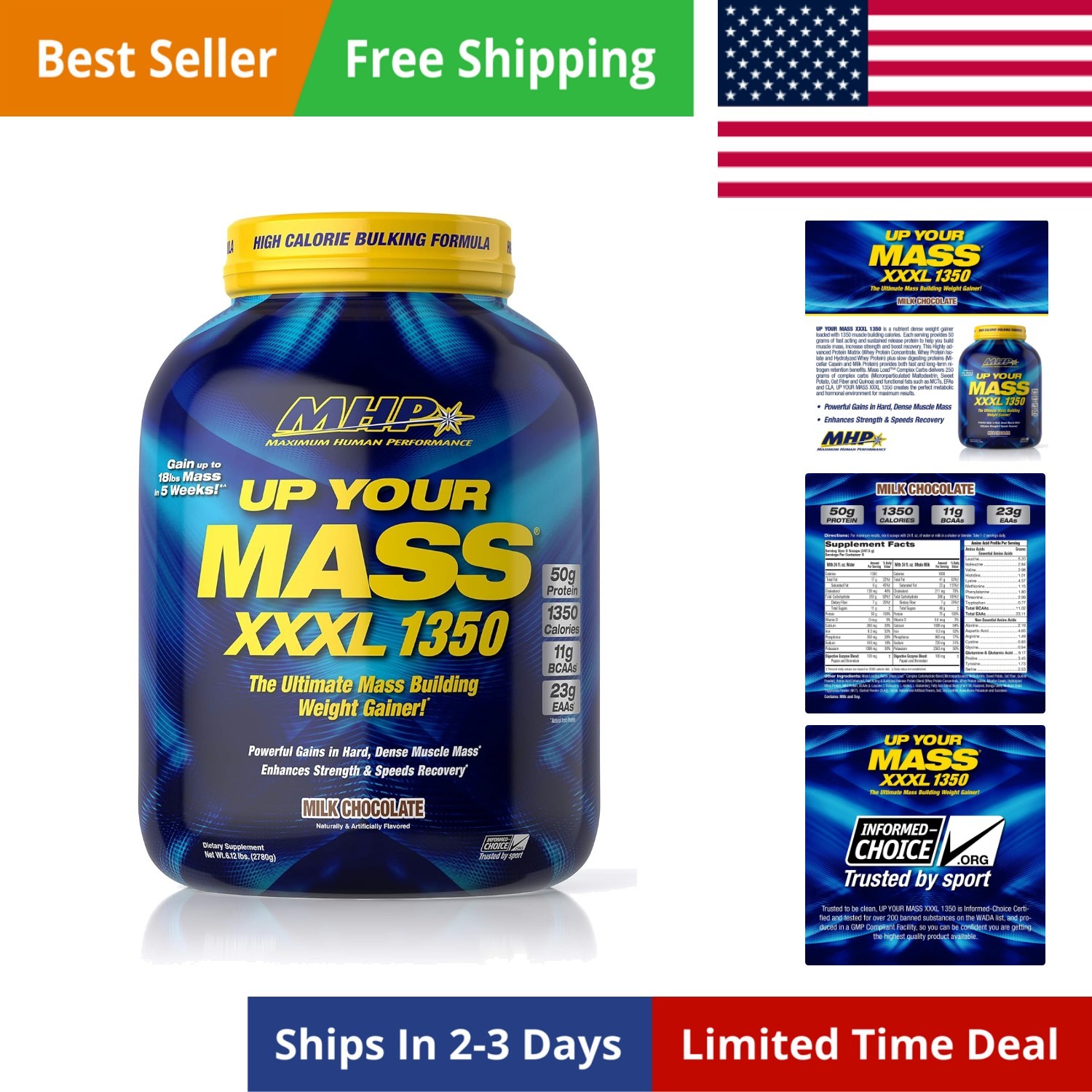 MHP UYM XXXL 1350 Mass Building Weight Gainer, Muscle Mass Gains, w/50g Prote...
