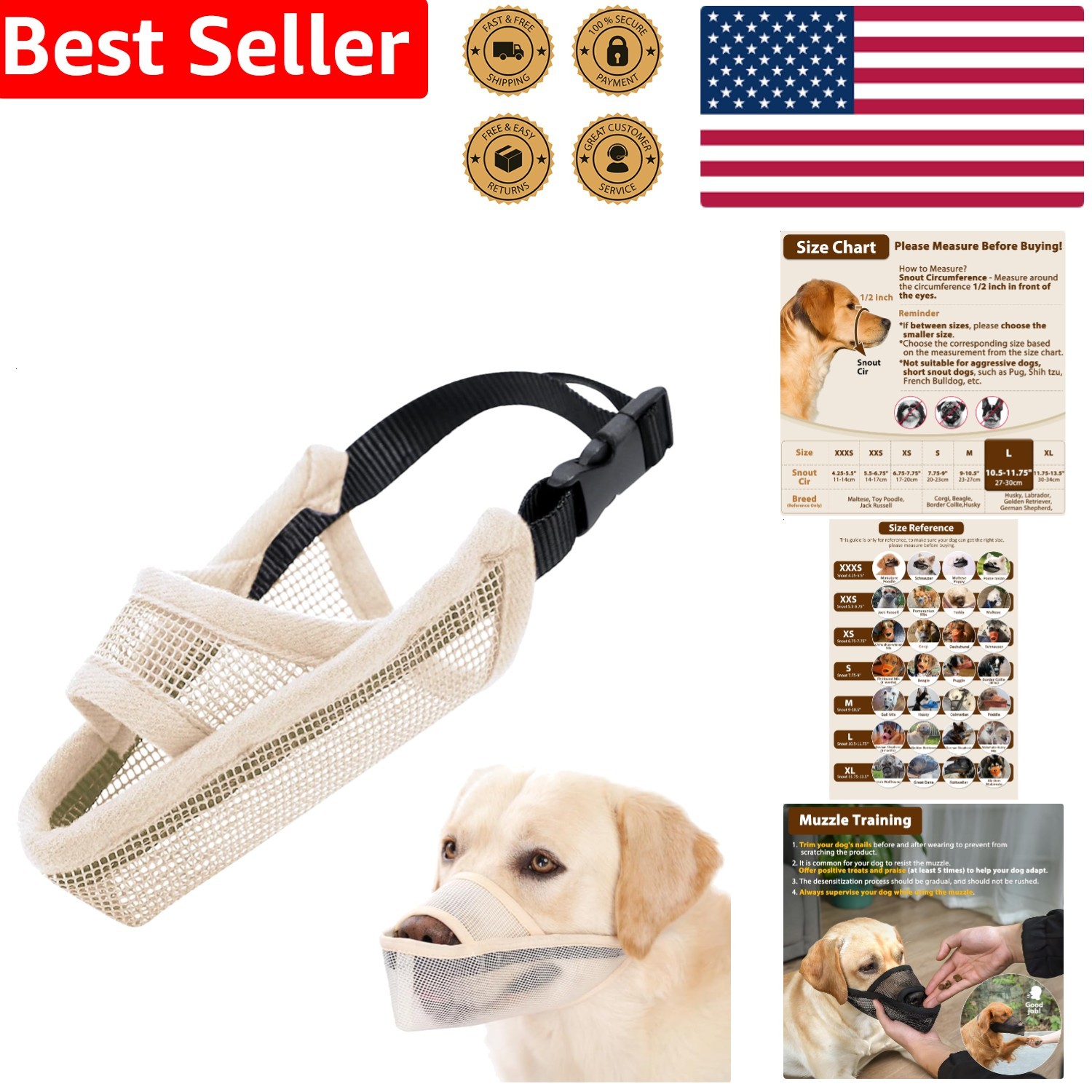 Large Dog Muzzle L Beige Breathable Air Mesh Anti-Bite Training ComfortBreat...