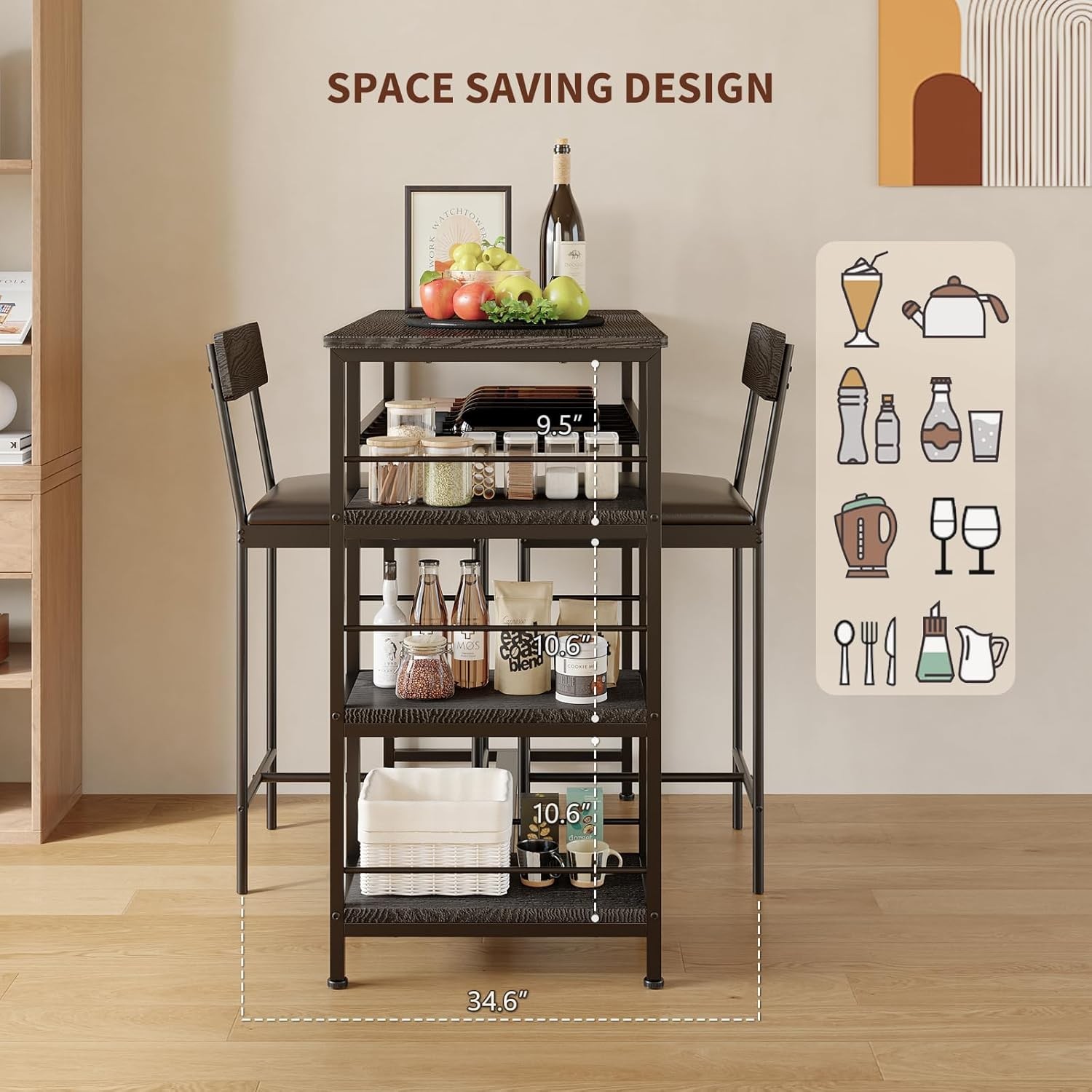 3pcs Dining Table Set for 2 Kitchen Dining Room with 2 Bar Stool and Wine Rack