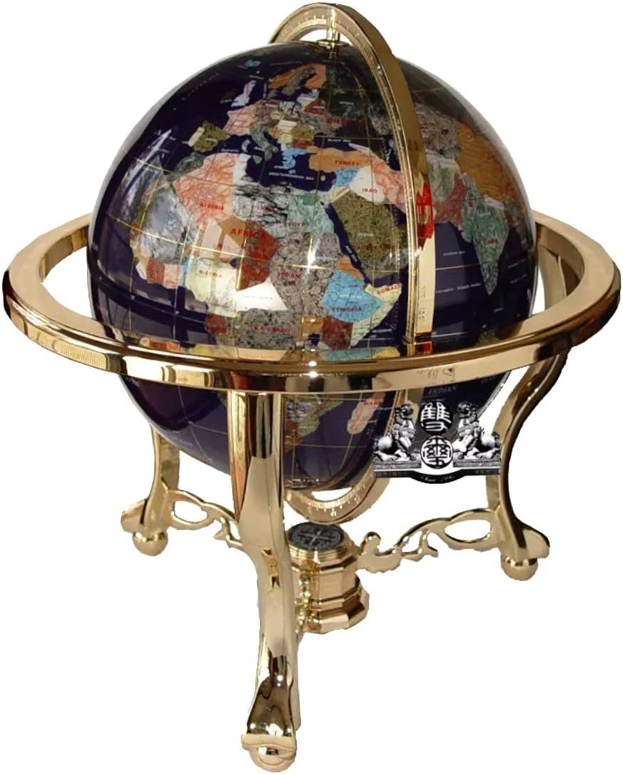 21-Inch Blue Lapis Gemstone Globe on Gold Tripod - Unique Ocean Decor