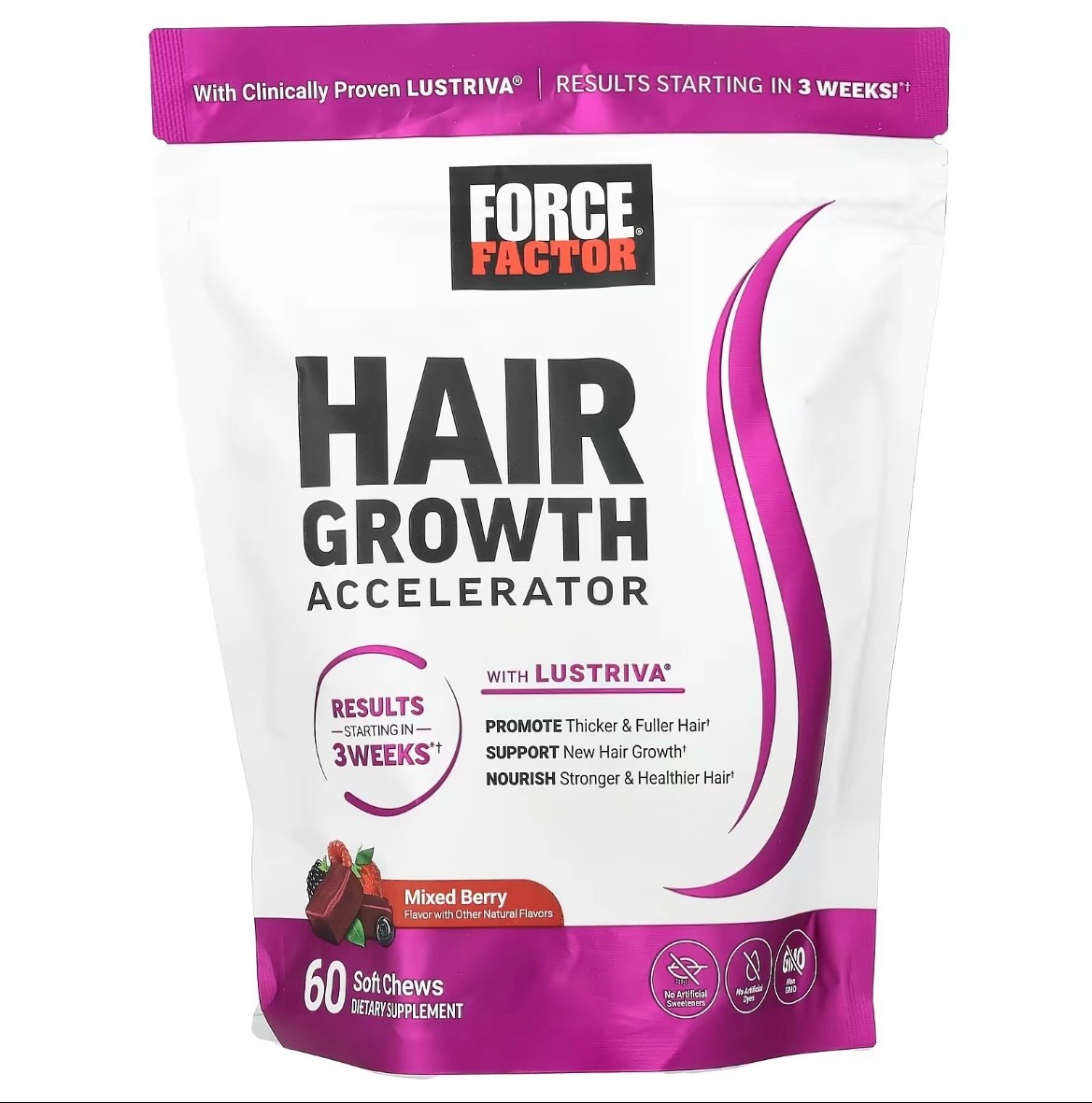 Force Factor Hair Growth Accelerator, Mixed Berry, 60 Soft Chews