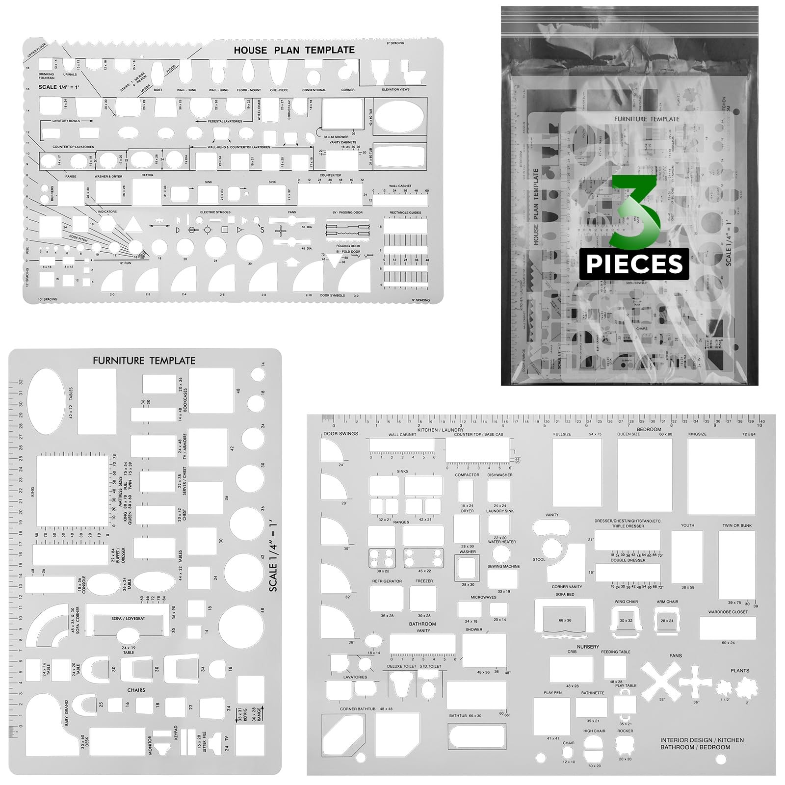 ENJOYLink 3 Pcs 8.66 inches x 11.42 inches, Interior Design Drawing Templates
