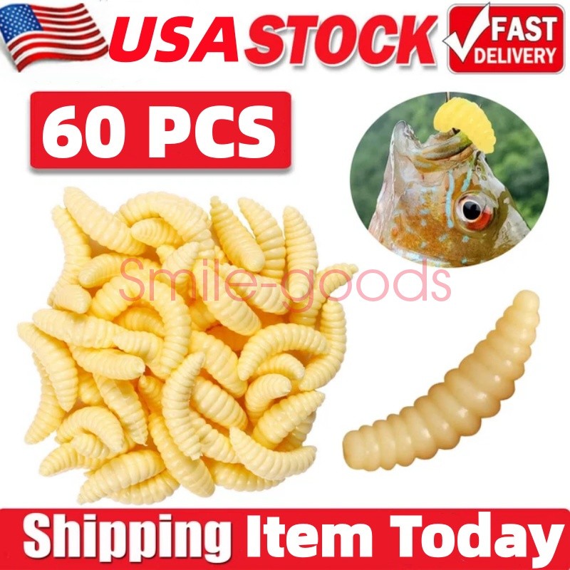 60PCS Fish Bait Maggot Soft Fishing Lure Silicone Worms Winter Bass Fake Fishy