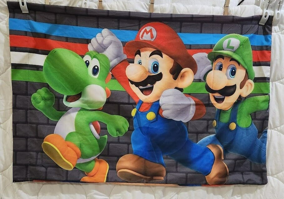 Super Mario face pillowcase Luigi Yoshi on the back standard Nintendo video game