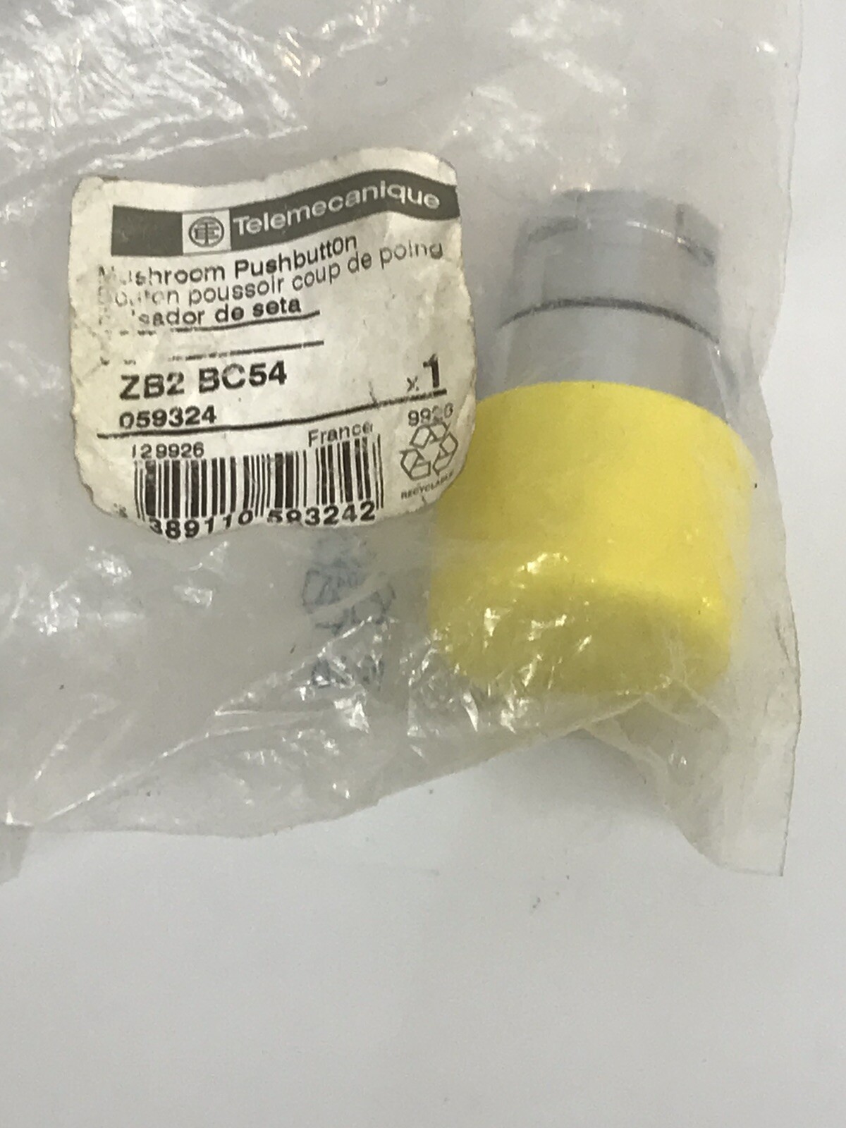 Telemecanique ZB2 BC54 Yellow Mushroom Push Button Operator Button Switch - NEW