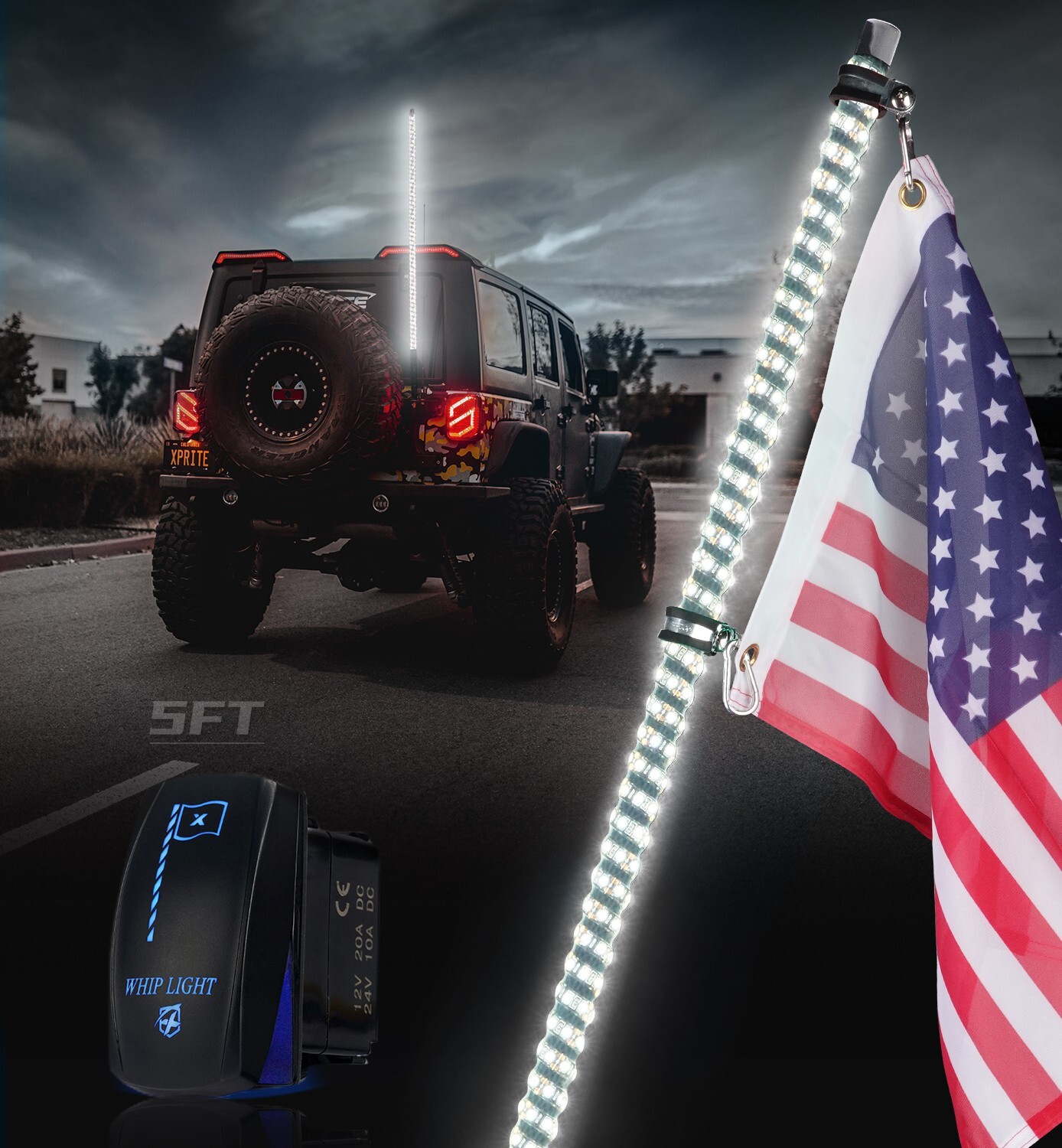 5ft White LED Solid Lighted Whip Spiral Flag Pole w/ American Flag for JEEP UTV