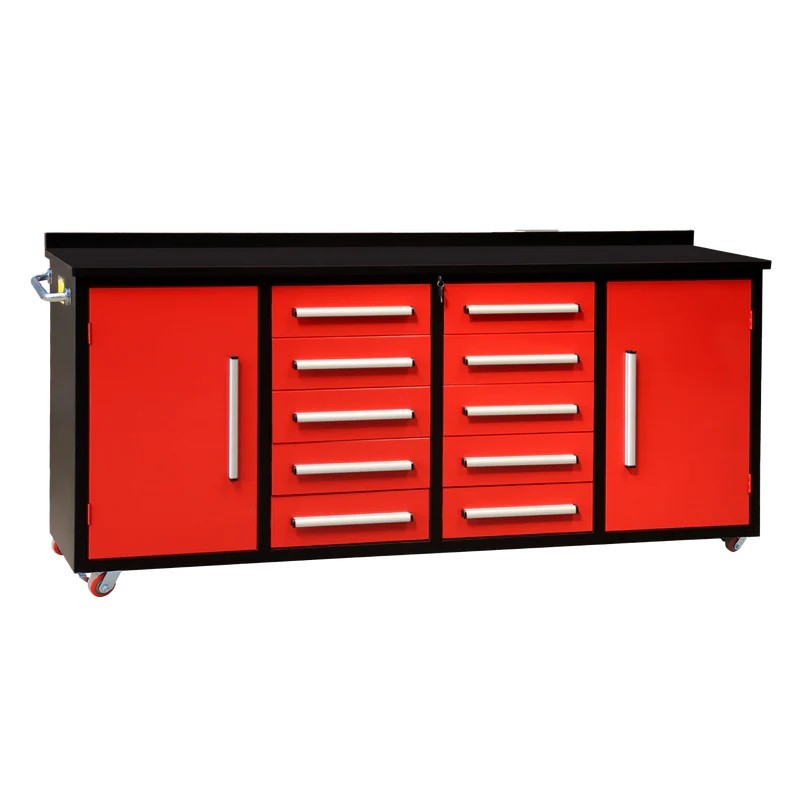 7FT Red Heavy Duty Workbench 10 Drawers& 2 Cabinets Steel Tool Chest with Wheels