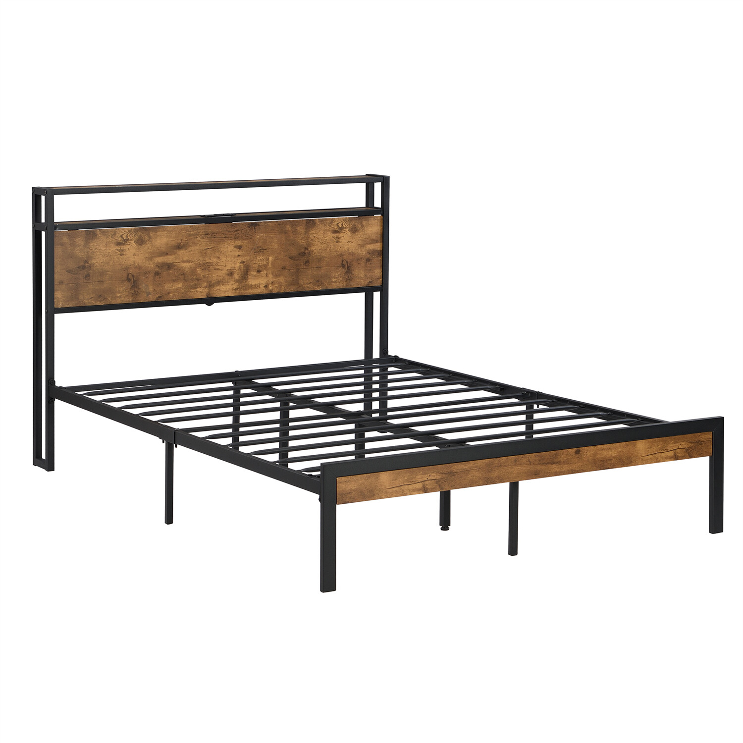 Full Size Bed Frame Metal Platform Bed Frame with Wood Headboard & USB Port