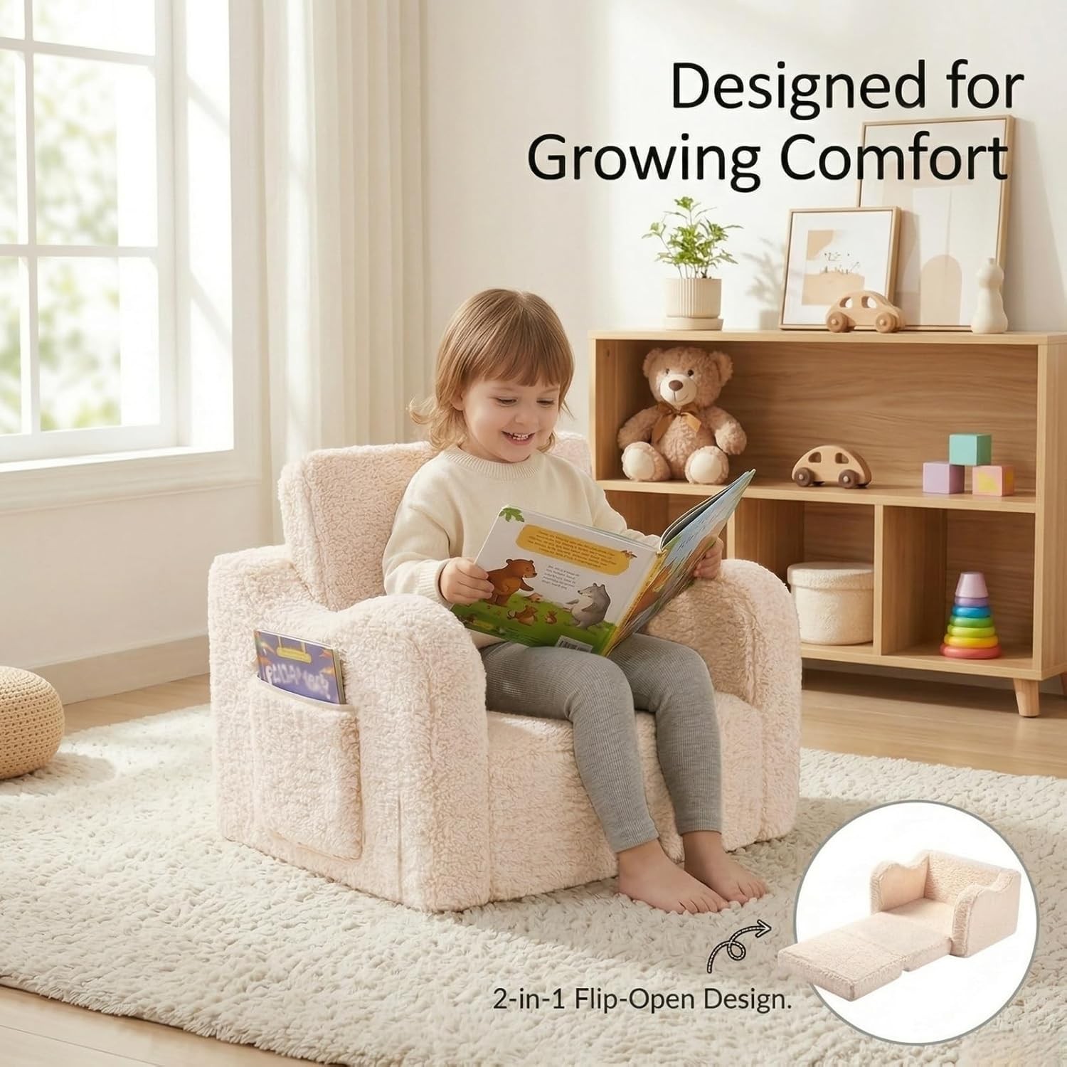 MOMCAYWEX Kids Sofa, 2-in-1 Flip-Out Foam Couch with Soft Sherpa Cover, Cozy Pla