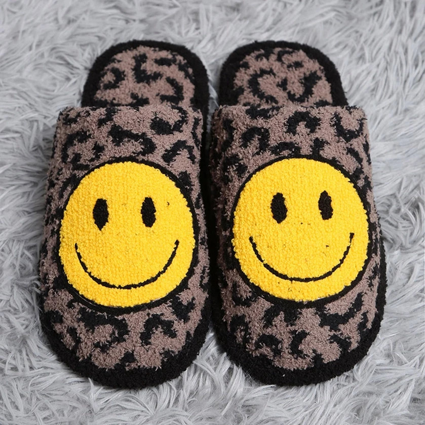 Leopard Happy Face Luxury Soft Slipper : Coffee