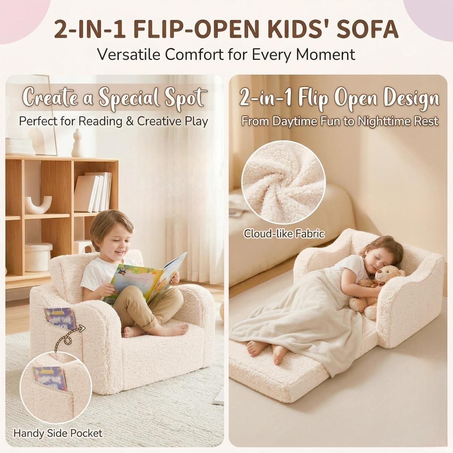 MOMCAYWEX Kids Sofa, 2-in-1 Flip-Out Foam Couch with Soft Sherpa Cover, Cozy Pla