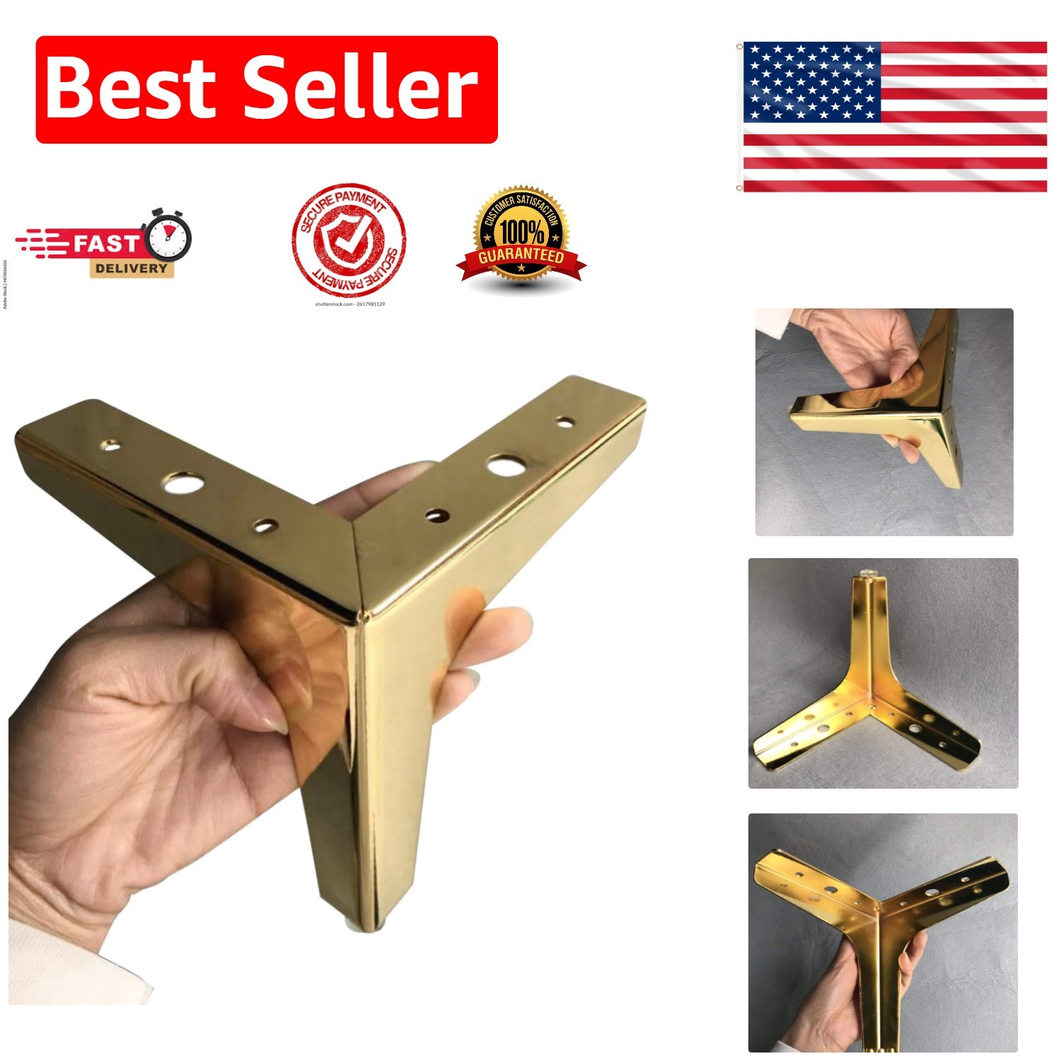 Set of 4 Gold Metal Sofa Legs - Heavy Duty Triangle Furniture Feet 4 Inch