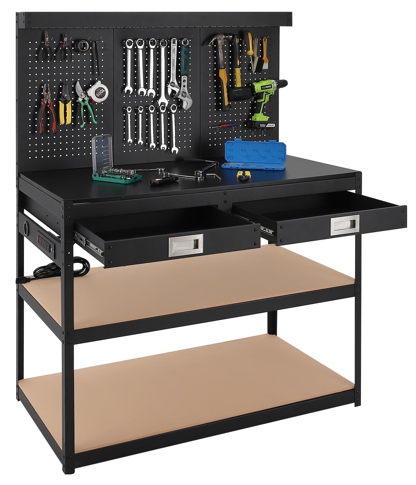 48" Workbench Rubberwood Tabletop with Double Shelfs Pegboard Drawers 2000 LBS