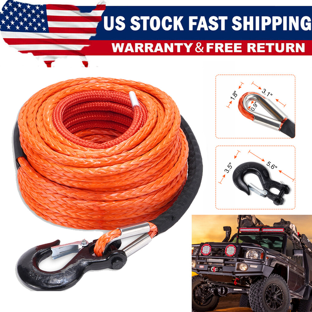 SPARKWHIZ 1/2"x100ft 32000lbs Synthetic Winch Line Rope Cable Kit For Towing UTV