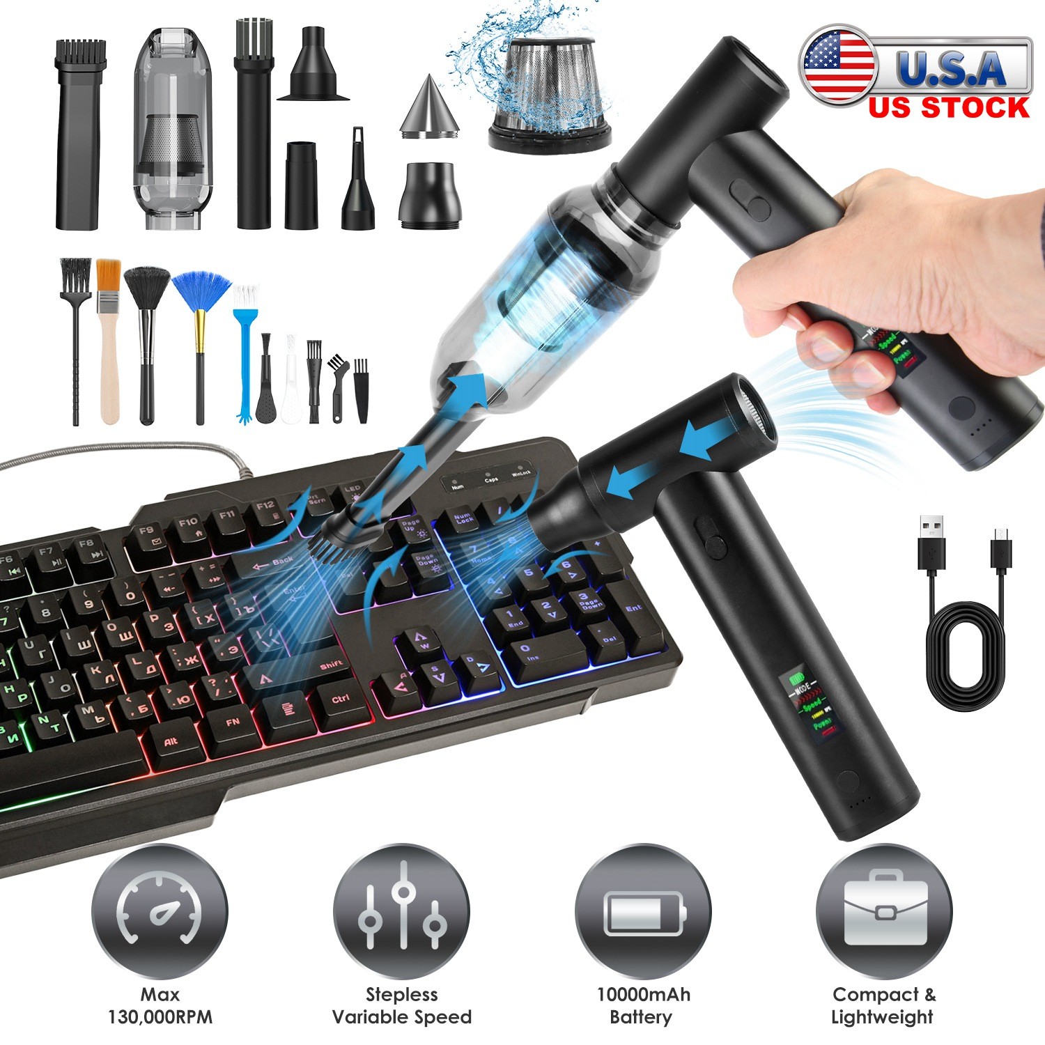 130000RPM Cordless Air Duster & Vacuum Kit 10000mAh for PC Car Home