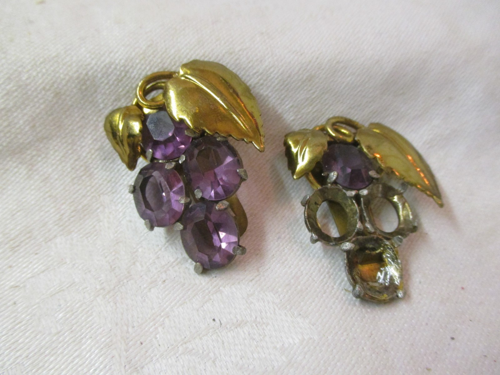 Antique brass Shoe Scarf Clips with purple Rhinestones
